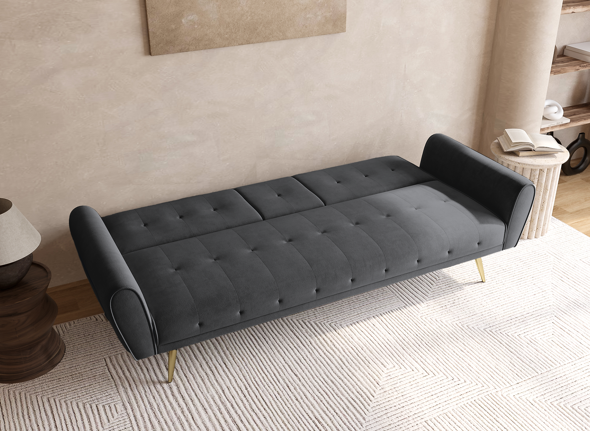 Canapé clic clac en velours gris foncé avec tablette centrale porte-gobelet LIMA