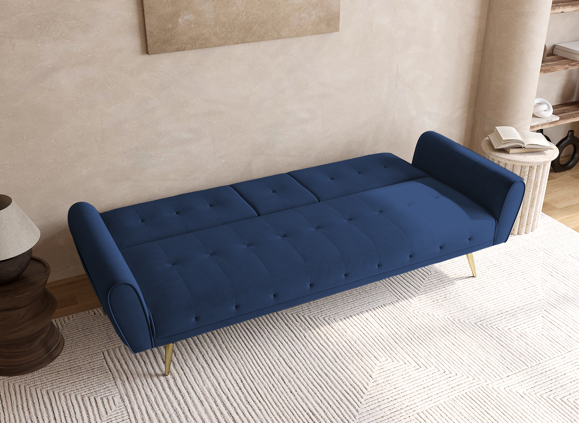 Canapé clic clac en velours bleu foncé avec tablette centrale porte-gobelet LIMA