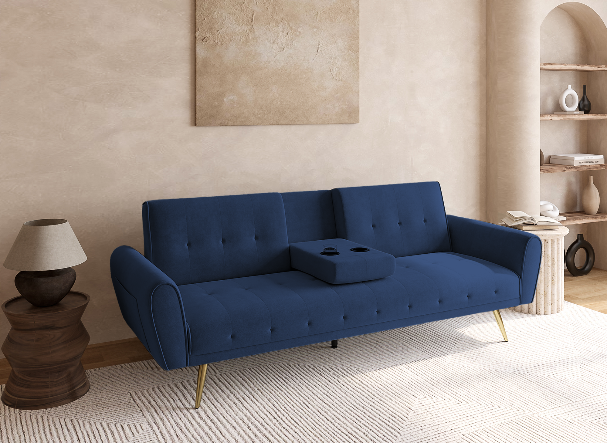 Canapé clic clac en velours bleu foncé avec tablette centrale porte-gobelet LIMA