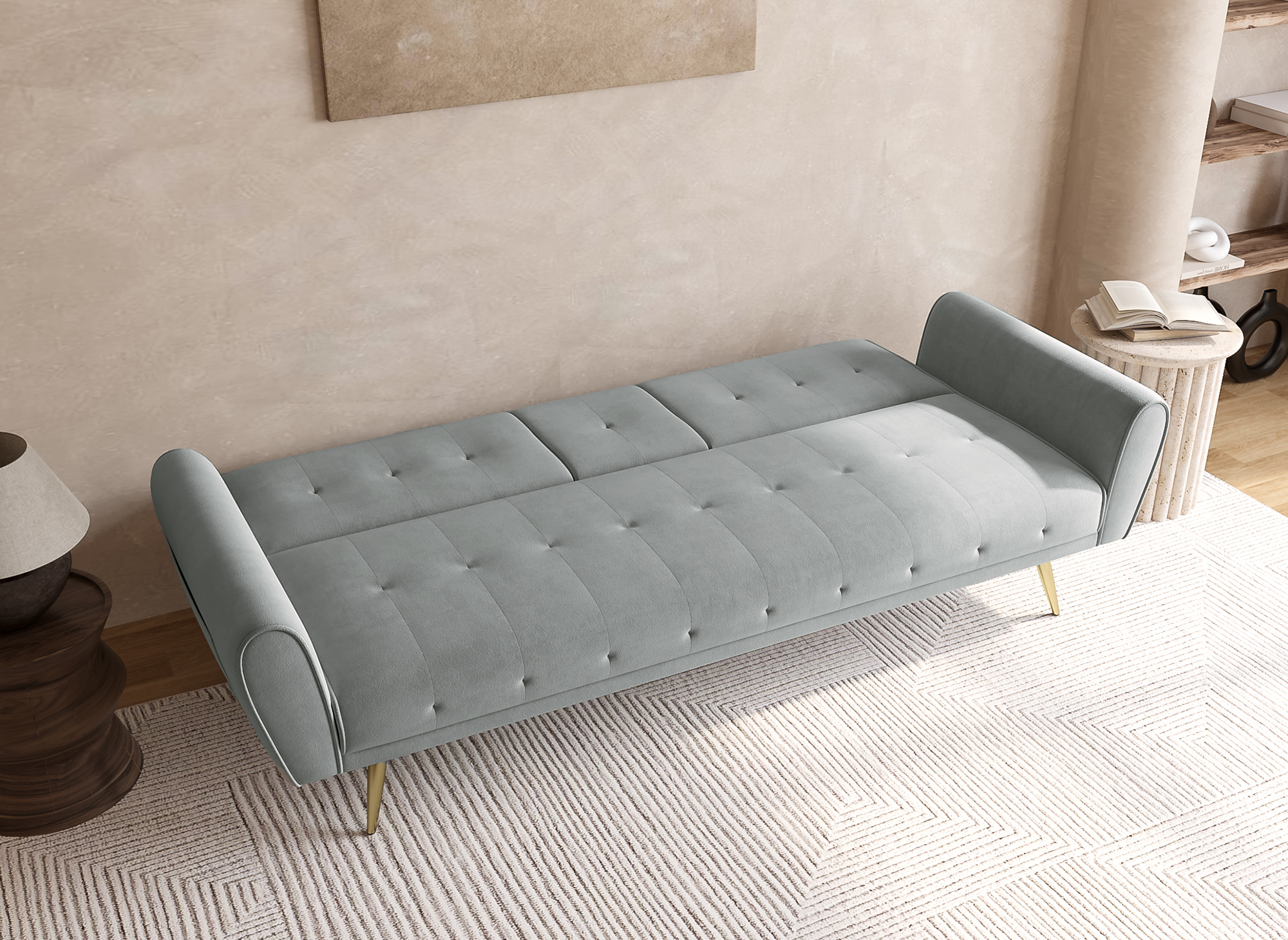 Canapé clic clac en velours gris clair avec tablette centrale porte-gobelet LIMA
