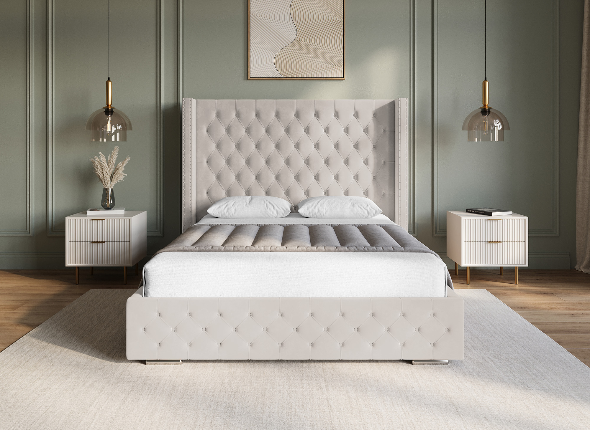 Lit coffre en velours beige 160x200 cm MAXI