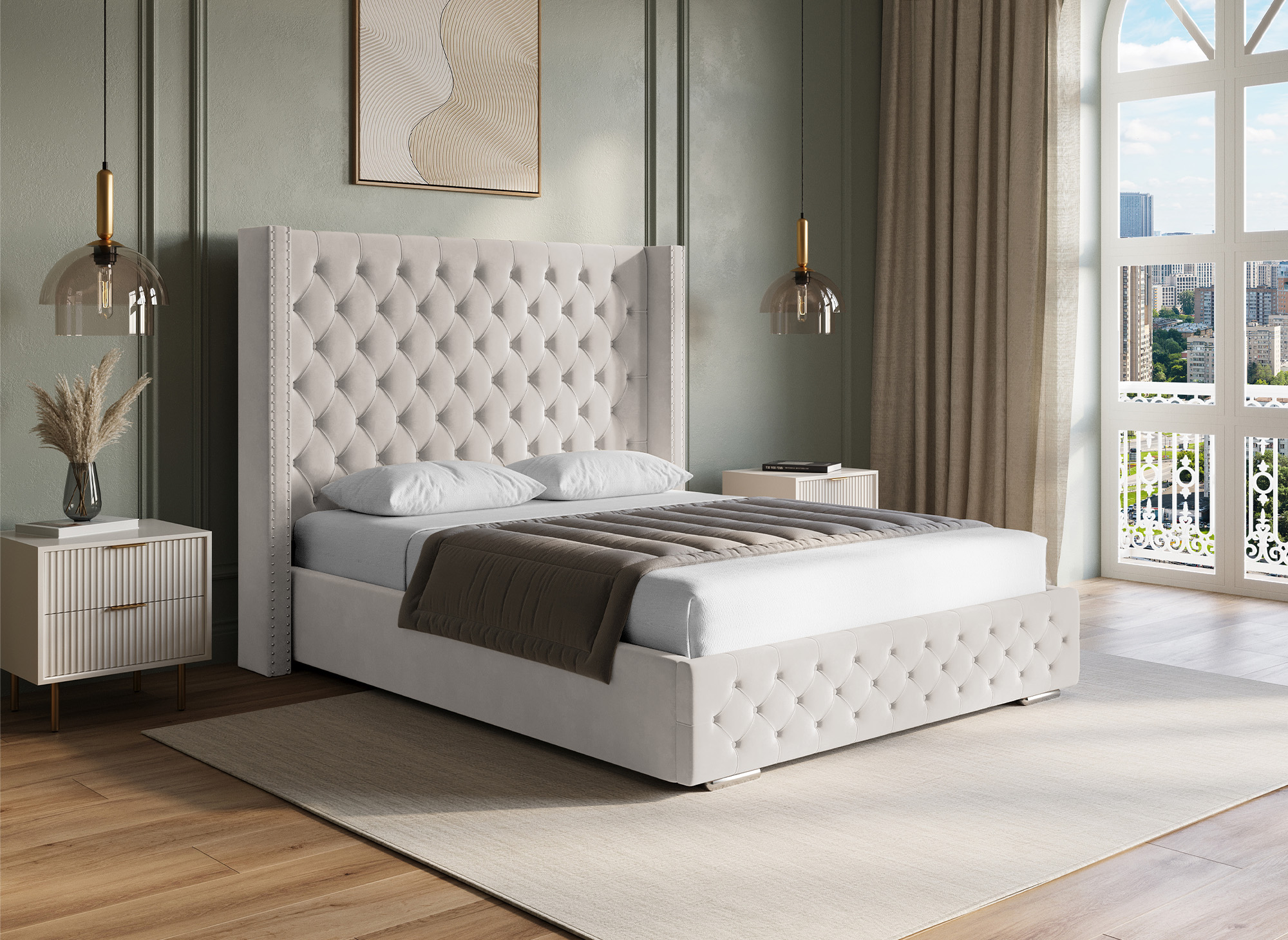 Lit coffre en velours beige 160x200 cm MAXI