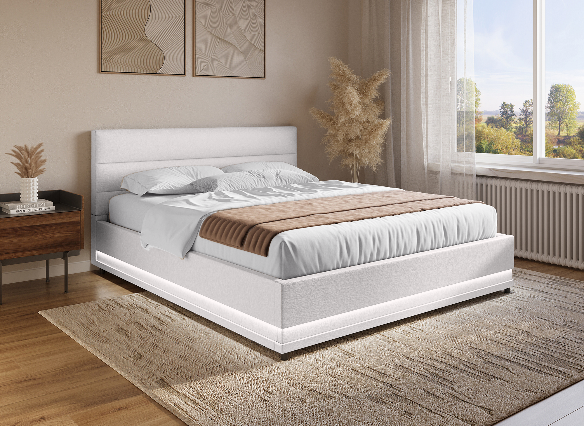 Lit coffre en simili cuir blanc avec LED 160x200 cm ELENCE