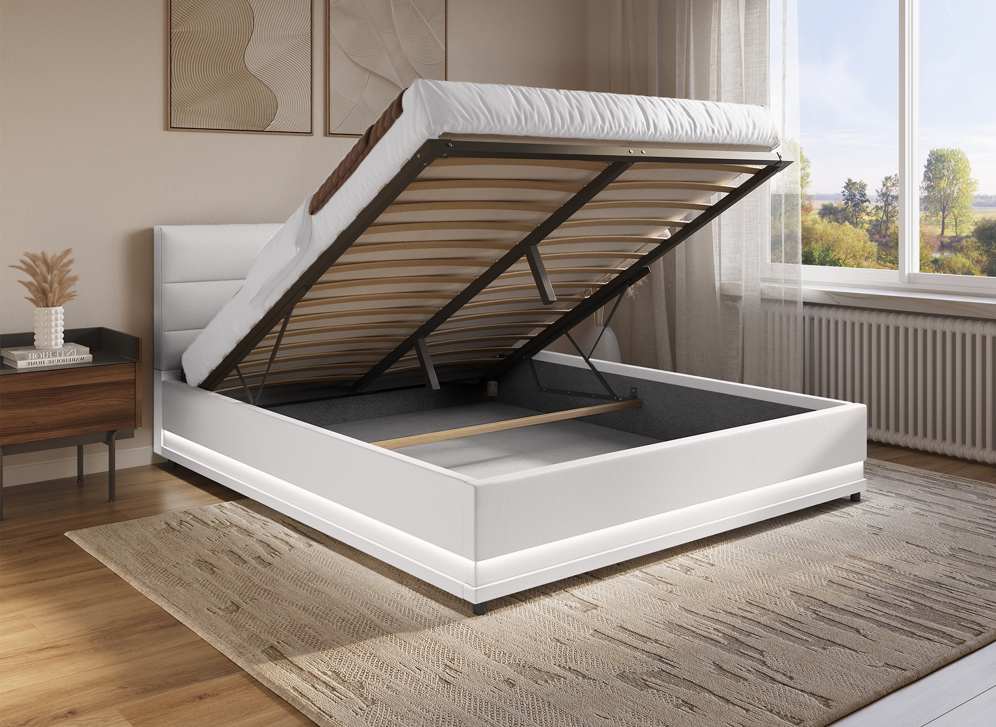 Lit coffre en simili cuir blanc avec LED 160x200 cm ELENCE