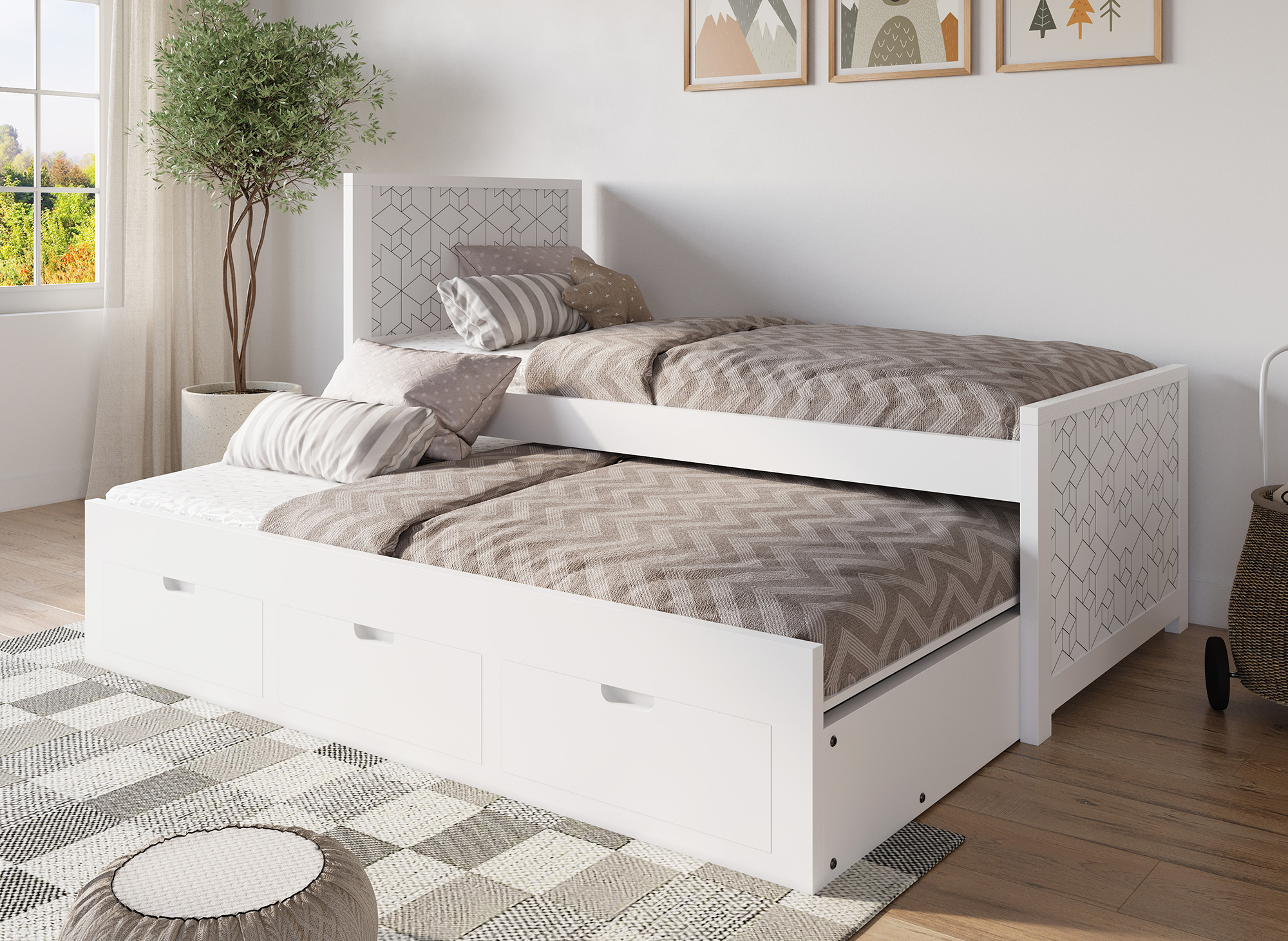 Lit gigogne avec tiroirs en bois blanc ENORA 90 x 190 cm