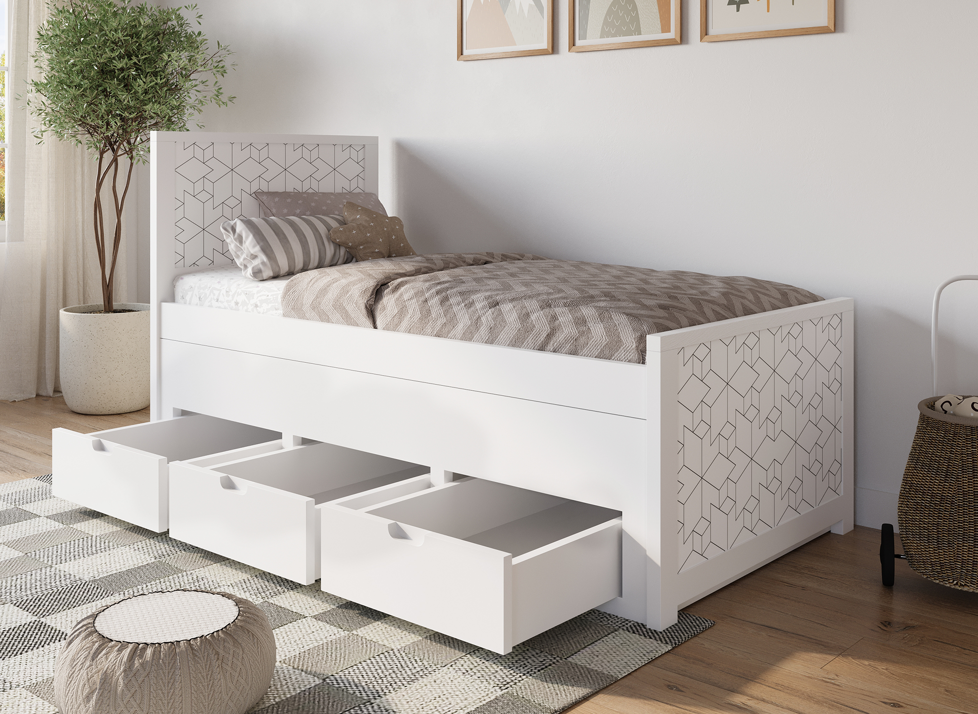 Lit gigogne avec tiroirs en bois blanc ENORA 90 x 190 cm