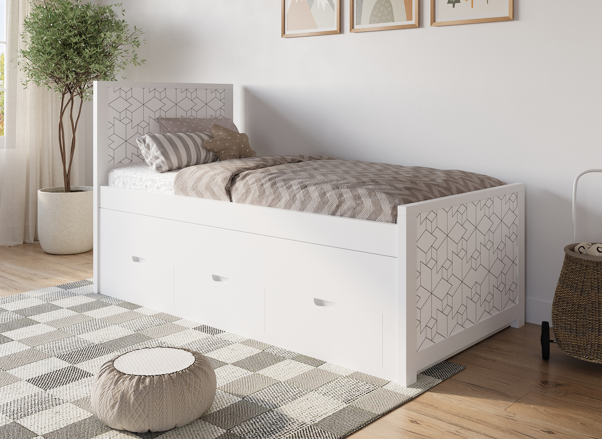 Lit gigogne avec tiroirs en bois blanc ENORA 90 x 190 cm