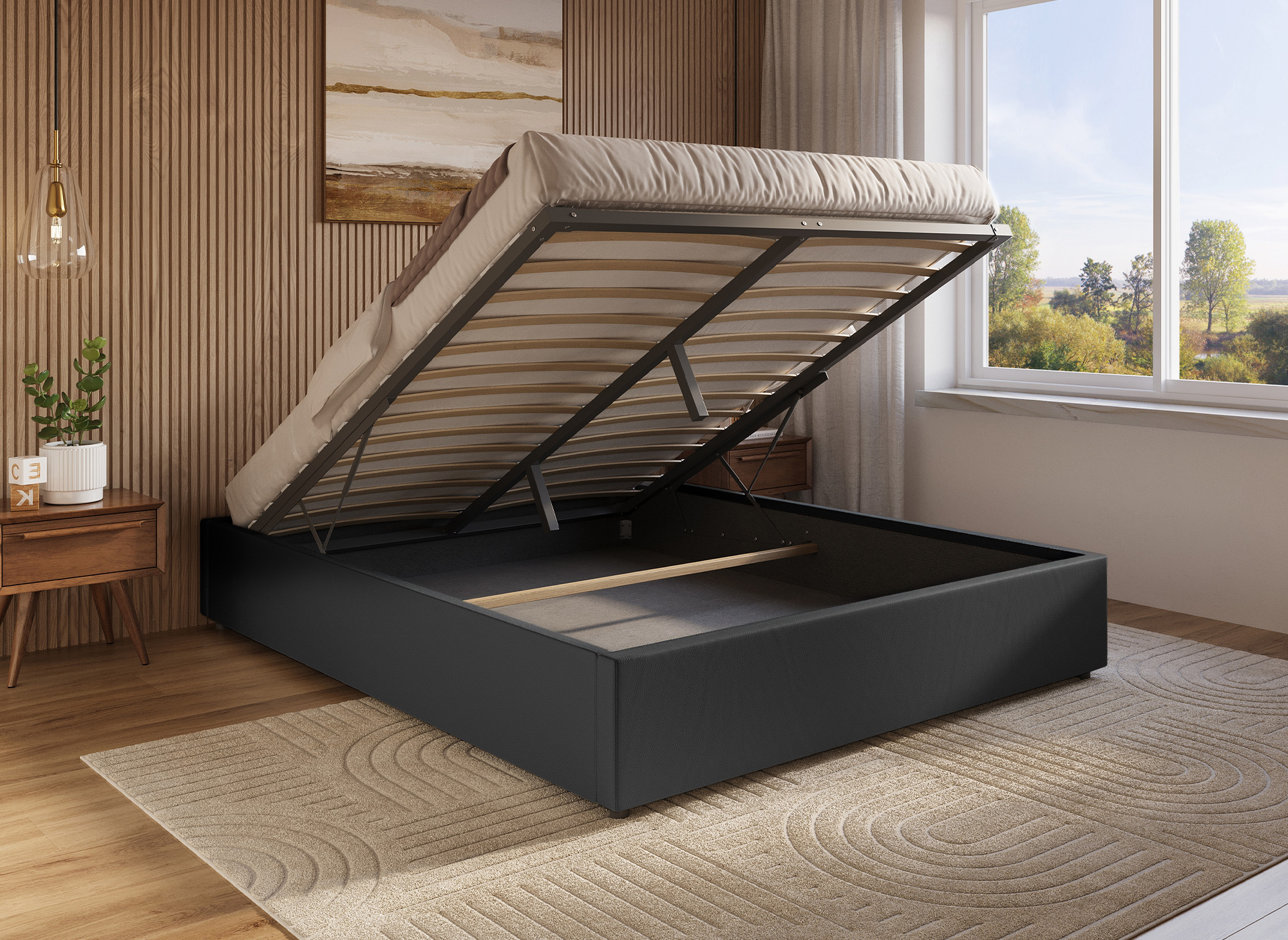 Lit sommier relevable avec coffre en simili cuir noir 160x200 cm LIZBAN