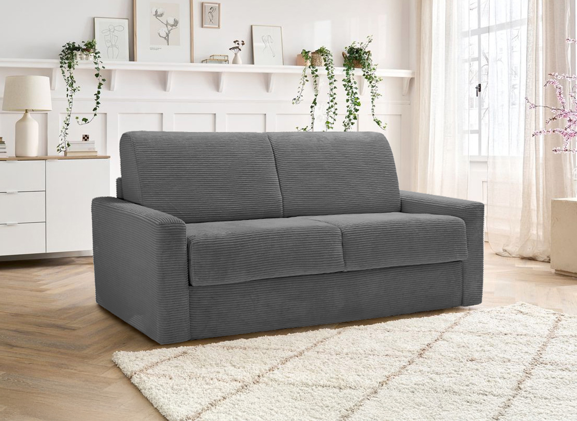 Canapé convertible 3 places LOUNA LUXE en velours côtelé gris foncé ouverture express matelas 18 cm