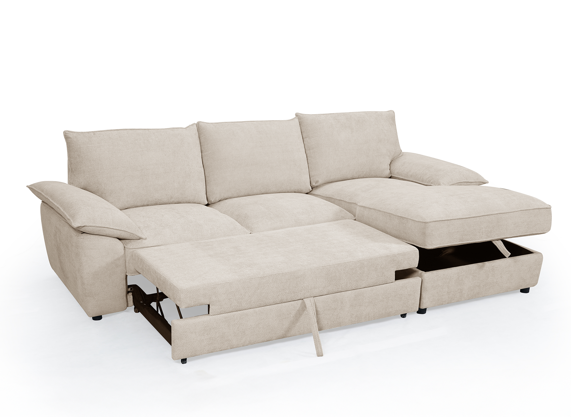 Canapé d'angle convertible avec coffre de rangement en velours chiné beige GABIN - Angle droit