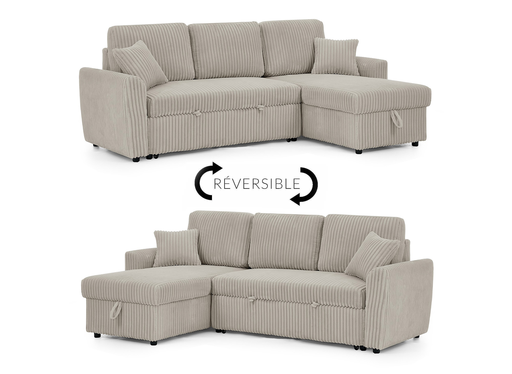 Canapé d'angle convertible et réversible avec coffre en velours côtelé taupe épais ADRYEN