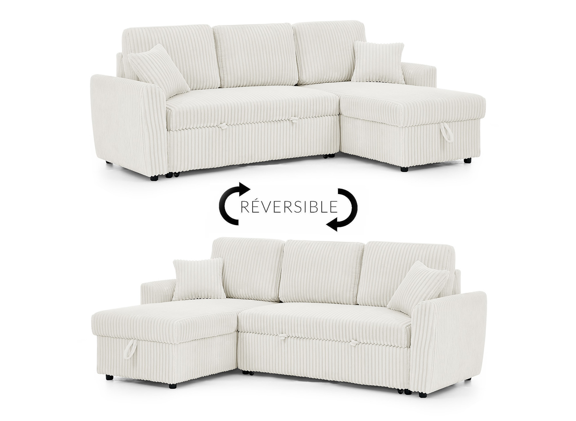 Canapé d'angle convertible et réversible avec coffre en velours côtelé épais beige ADRYEN
