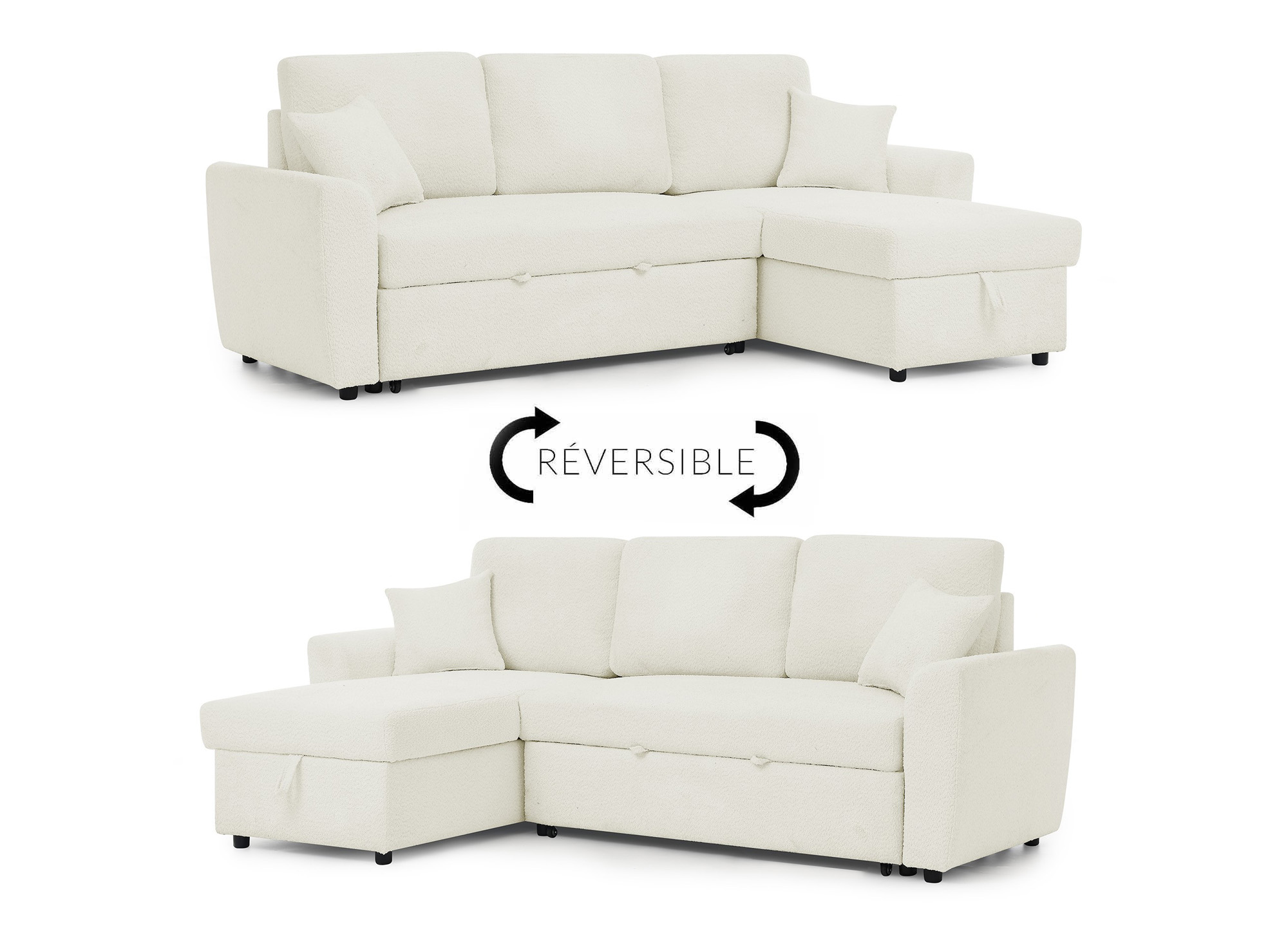 Canapé d'angle convertible et réversible avec coffre en tissu bouclette beige ADRYEN