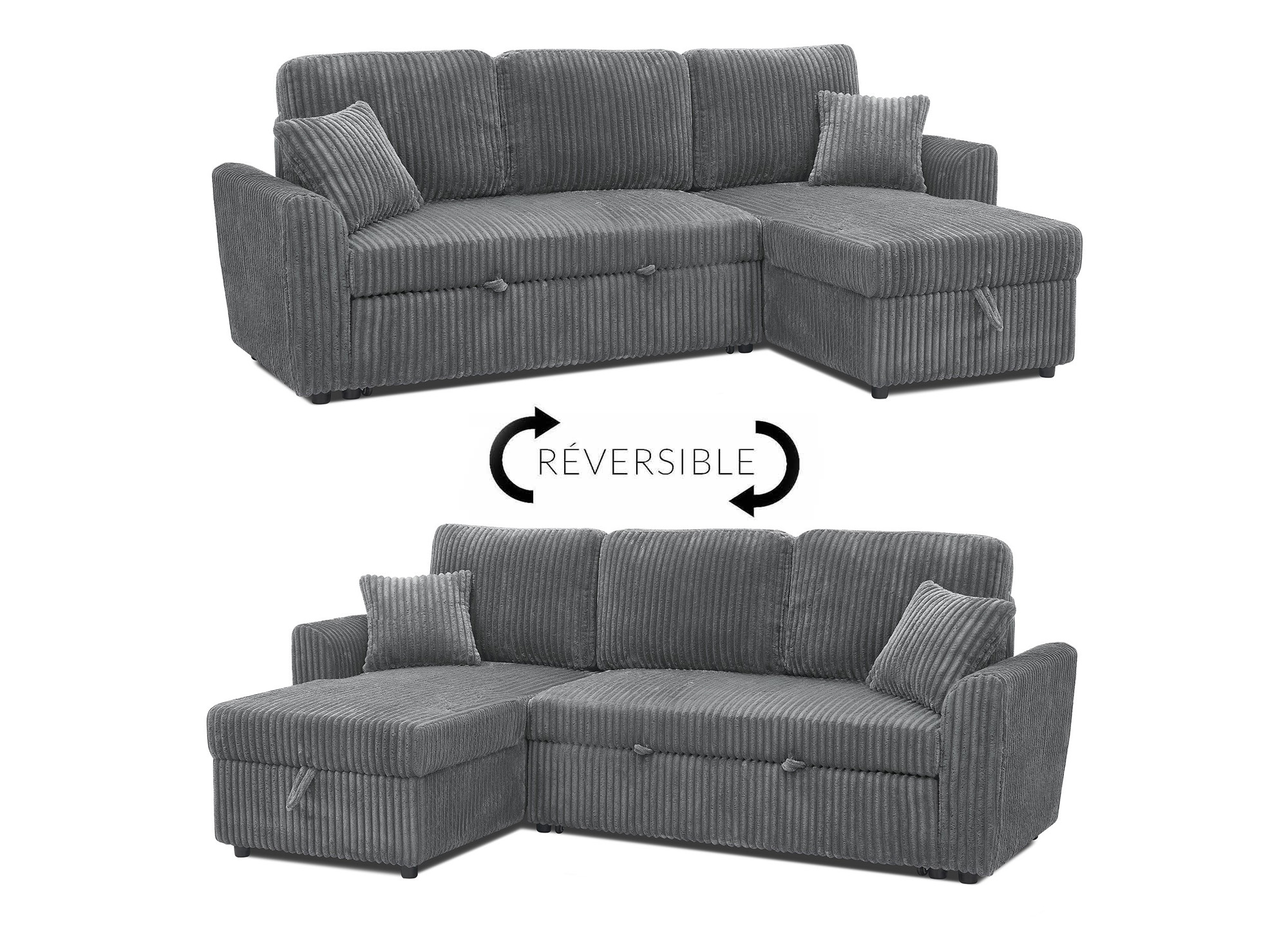 Canapé d'angle convertible et réversible avec coffre en velours côtelé épais gris ADRYEN