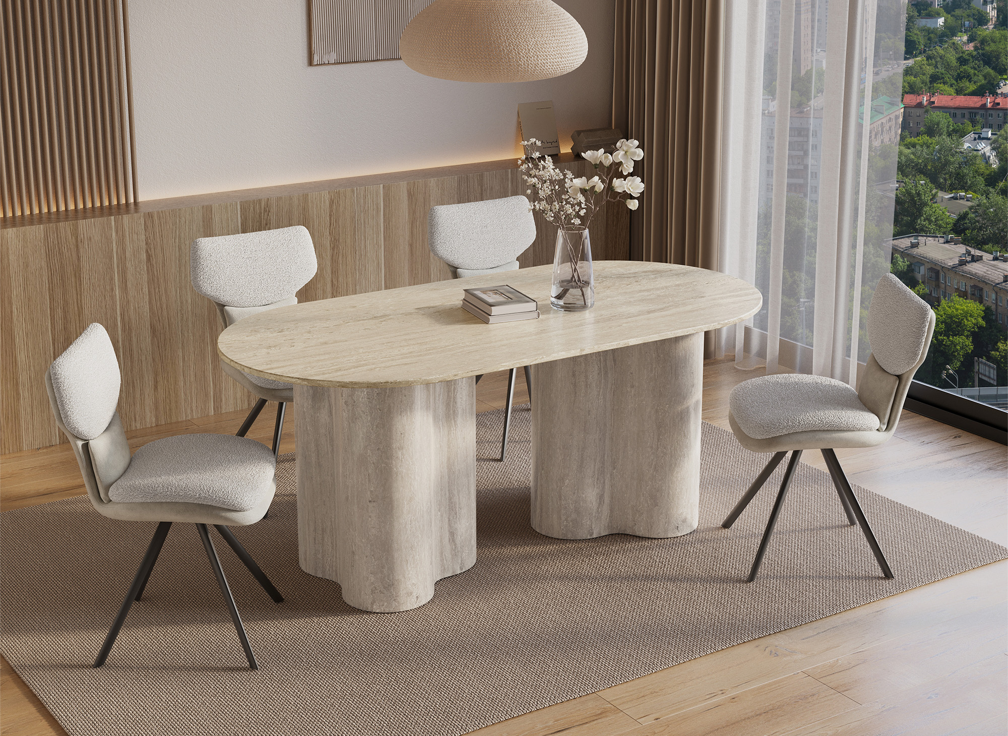 Table à manger en marbre composite beige pieds forme organique 6 personnes VANINA