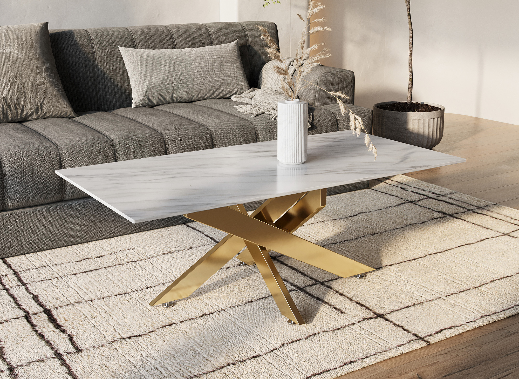 Table basse rectangulaire design verre marbré et pieds dorés MELISSA