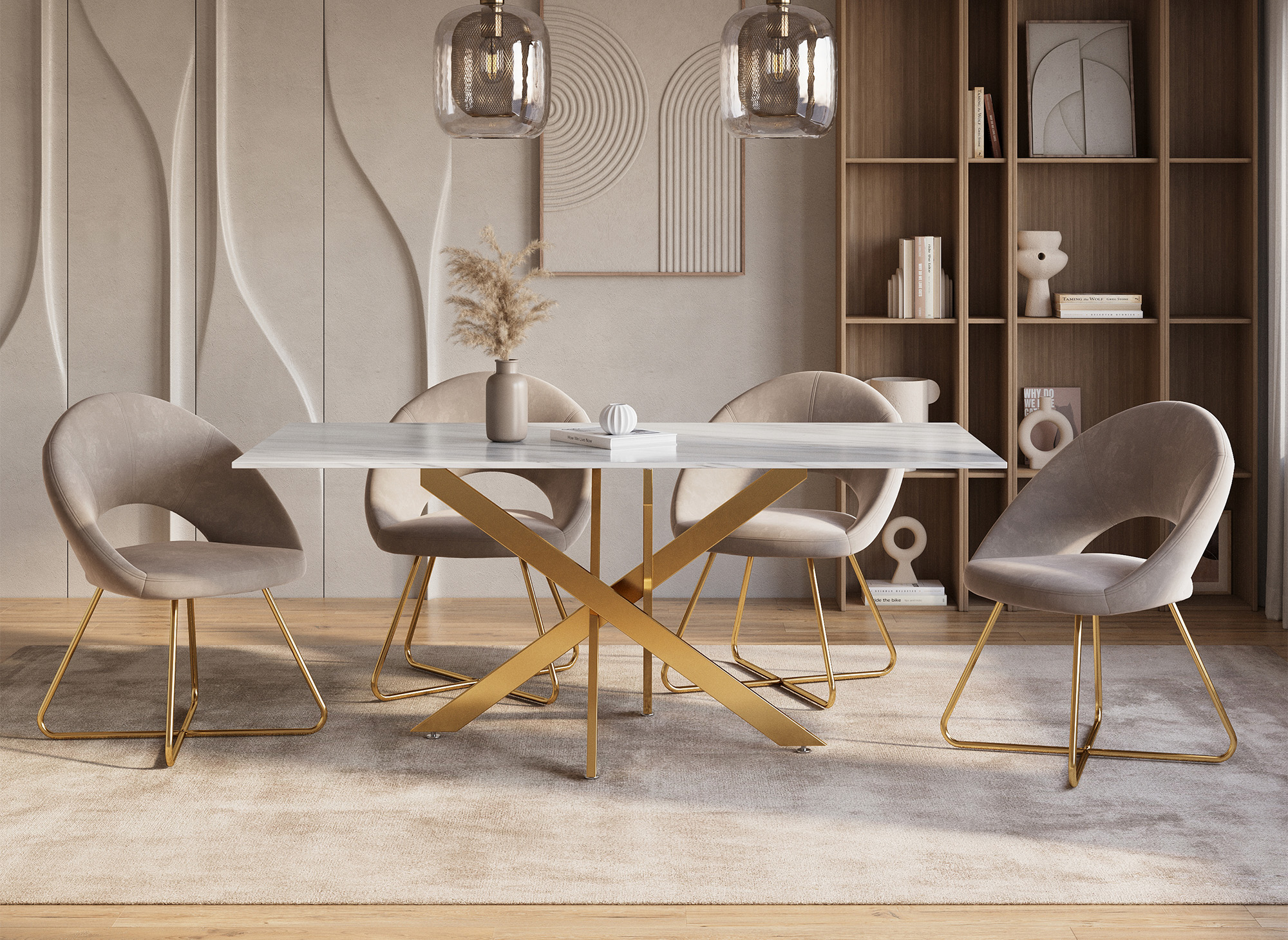 Table à manger rectangulaire design verre marbré et pieds dorés 6 personnes MELISSA