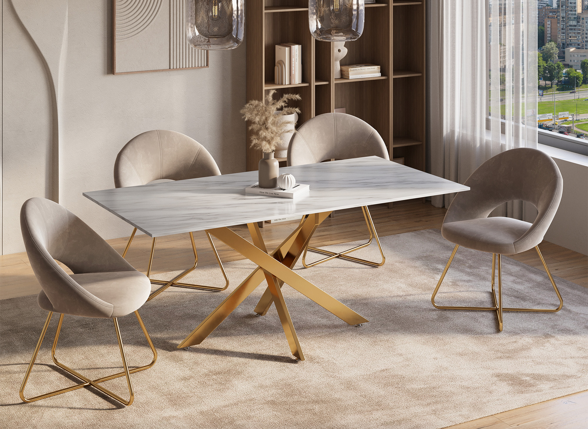 Table à manger rectangulaire design verre marbré et pieds dorés 6 personnes MELISSA