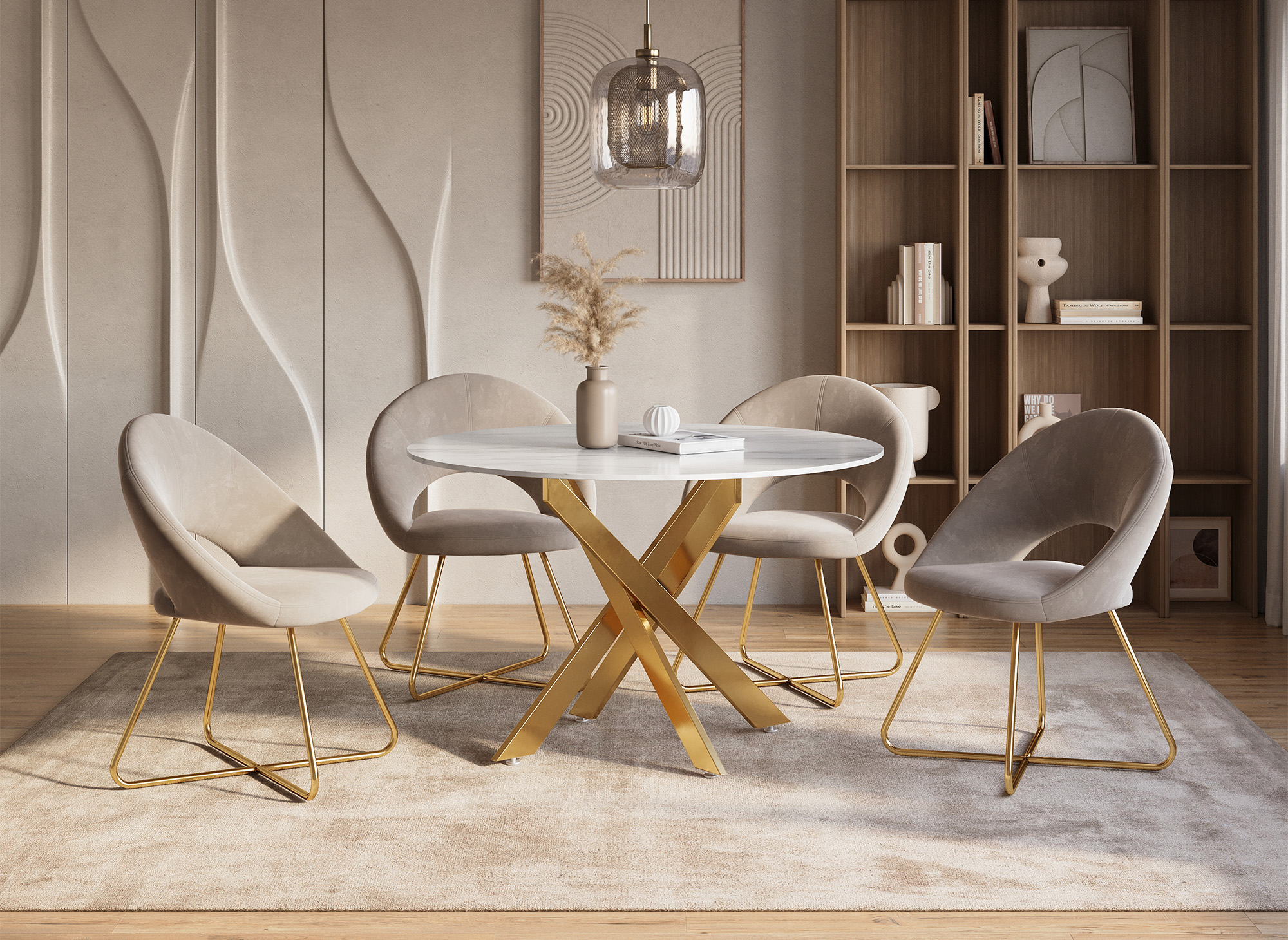 Table à manger ronde design verre marbré et pieds dorés 4 personnes MELISSA