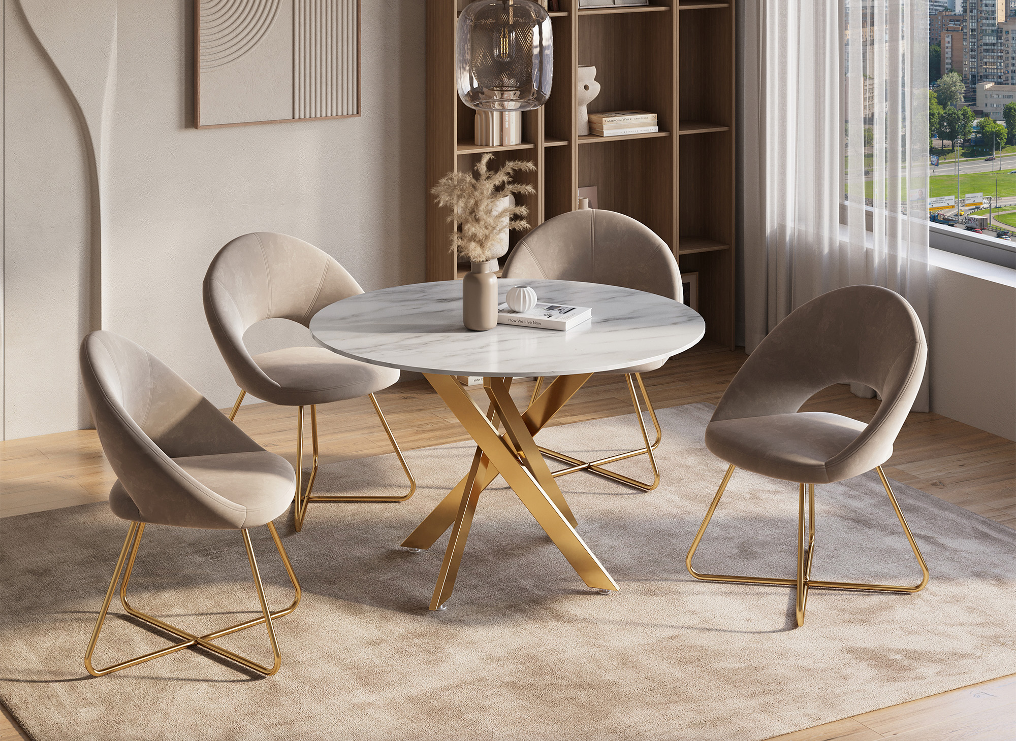 Table à manger ronde design verre marbré et pieds dorés 4 personnes MELISSA