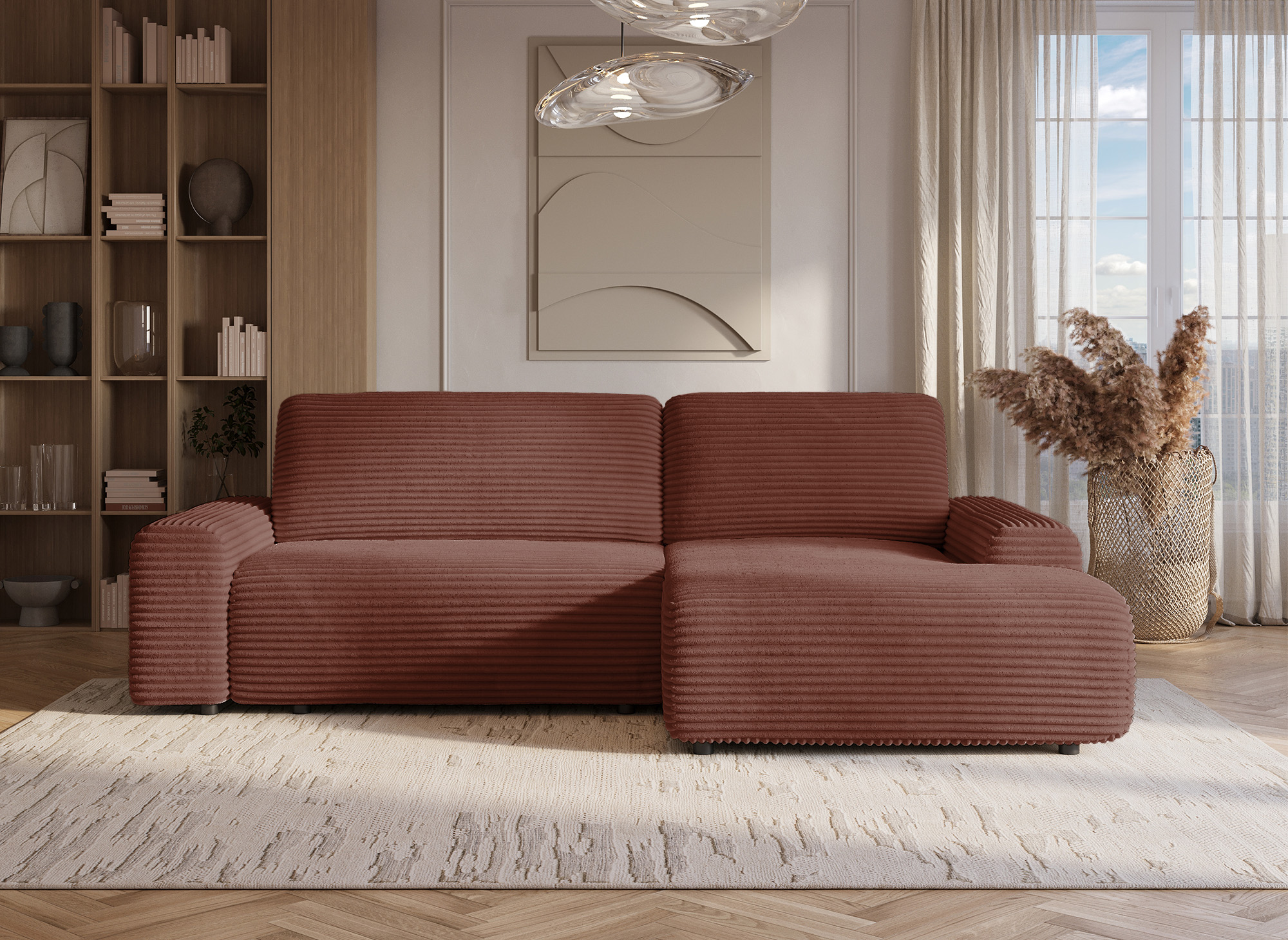 Canapé d'angle droit convertible avec coffre en velours côtelé épais terracotta BALI - Angle droit