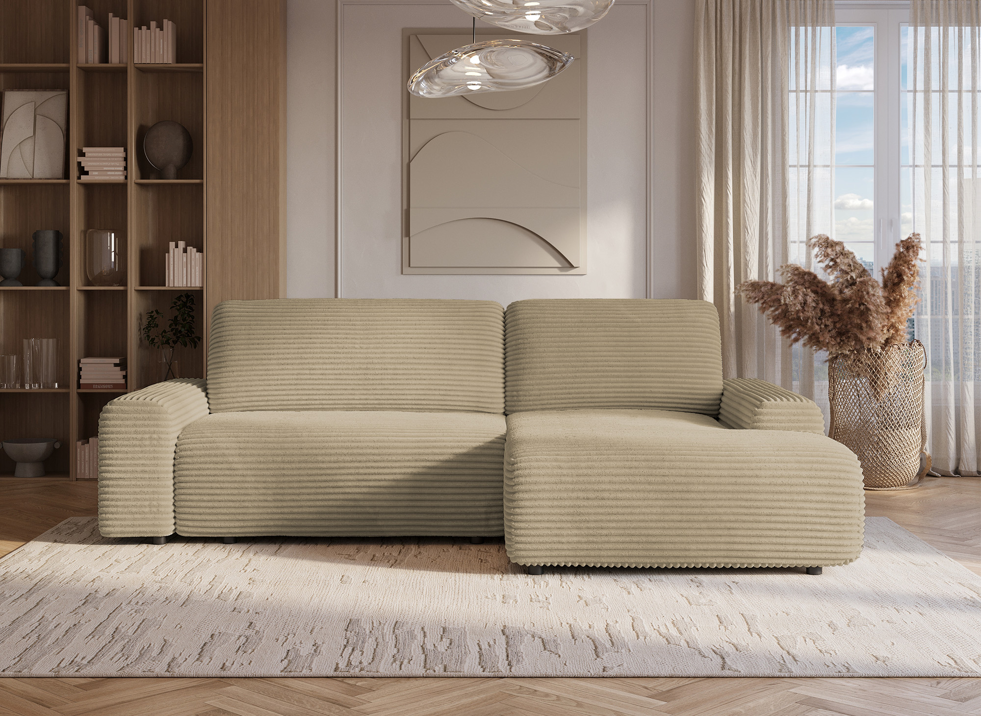 Canapé d'angle droit convertible avec coffre en velours côtelé épais taupe BALI - Angle droit