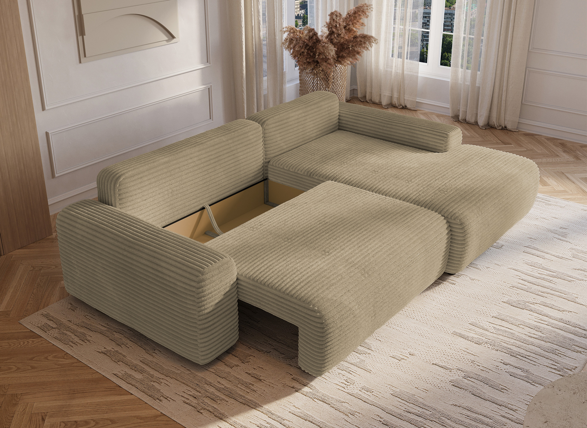 Canapé d'angle droit convertible avec coffre en velours côtelé épais taupe BALI - Angle droit