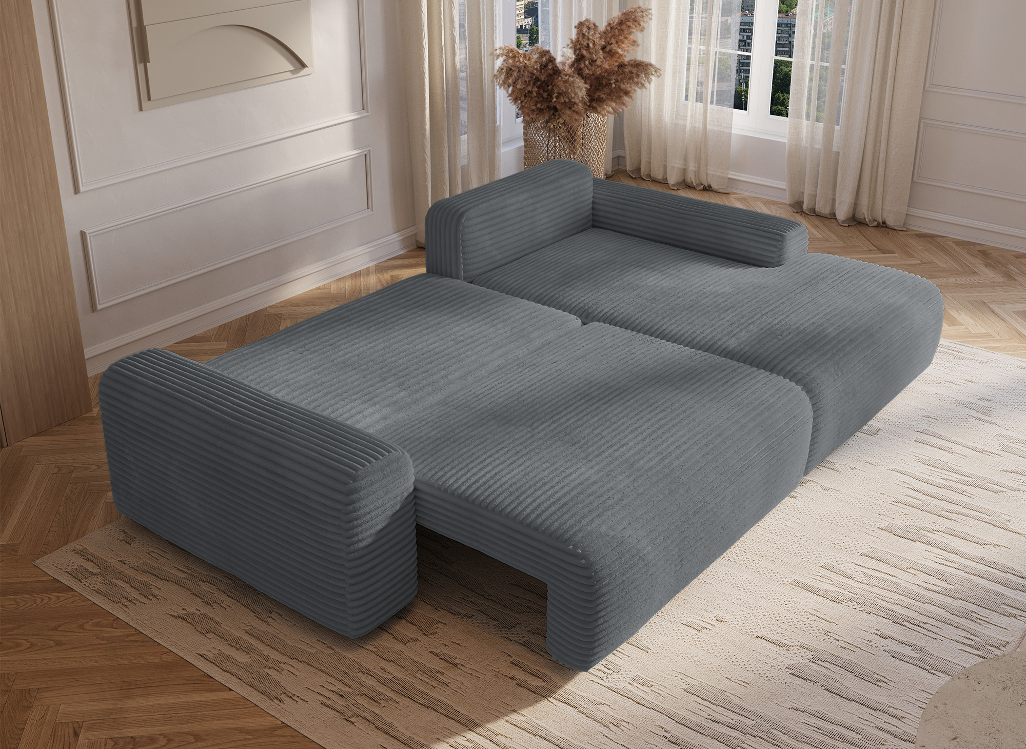 Canapé d'angle droit convertible avec coffre en velours côtelé épais gris foncé BALI - Angle droit