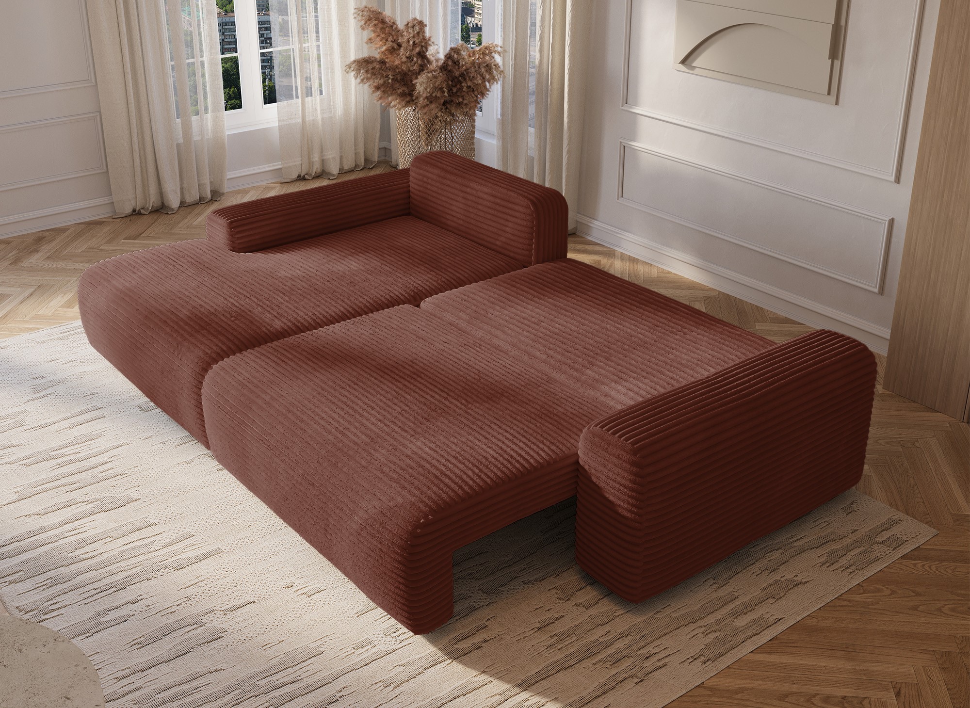Canapé d'angle gauche convertible avec coffre en velours côtelé épais terracotta BALI - Angle gauche