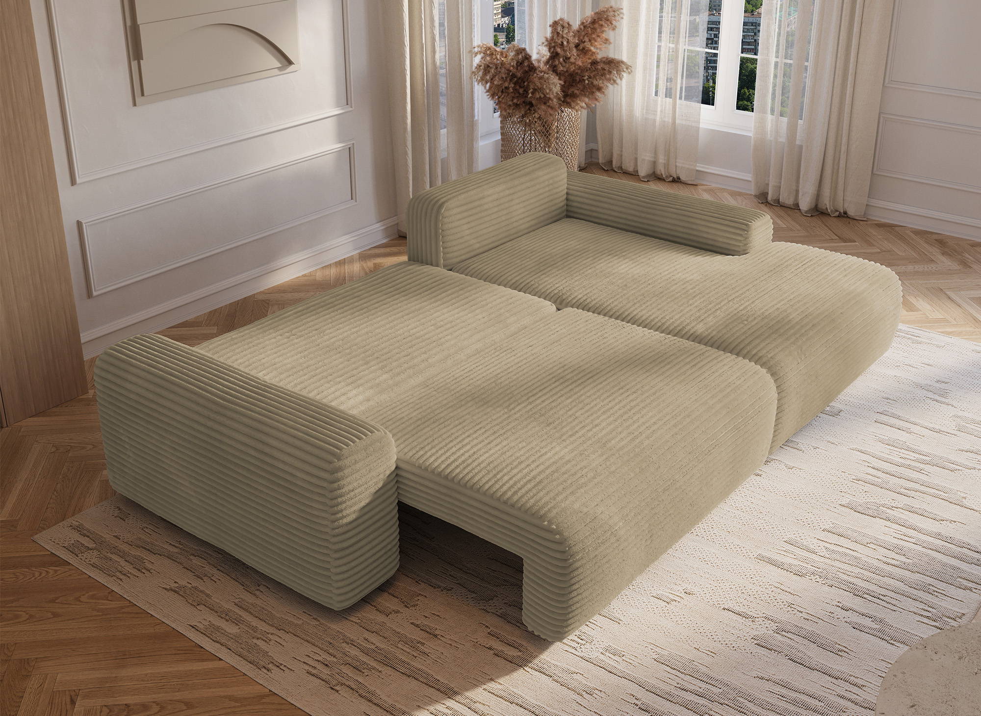 Canapé d'angle droit convertible avec coffre en velours côtelé épais taupe BALI - Angle droit