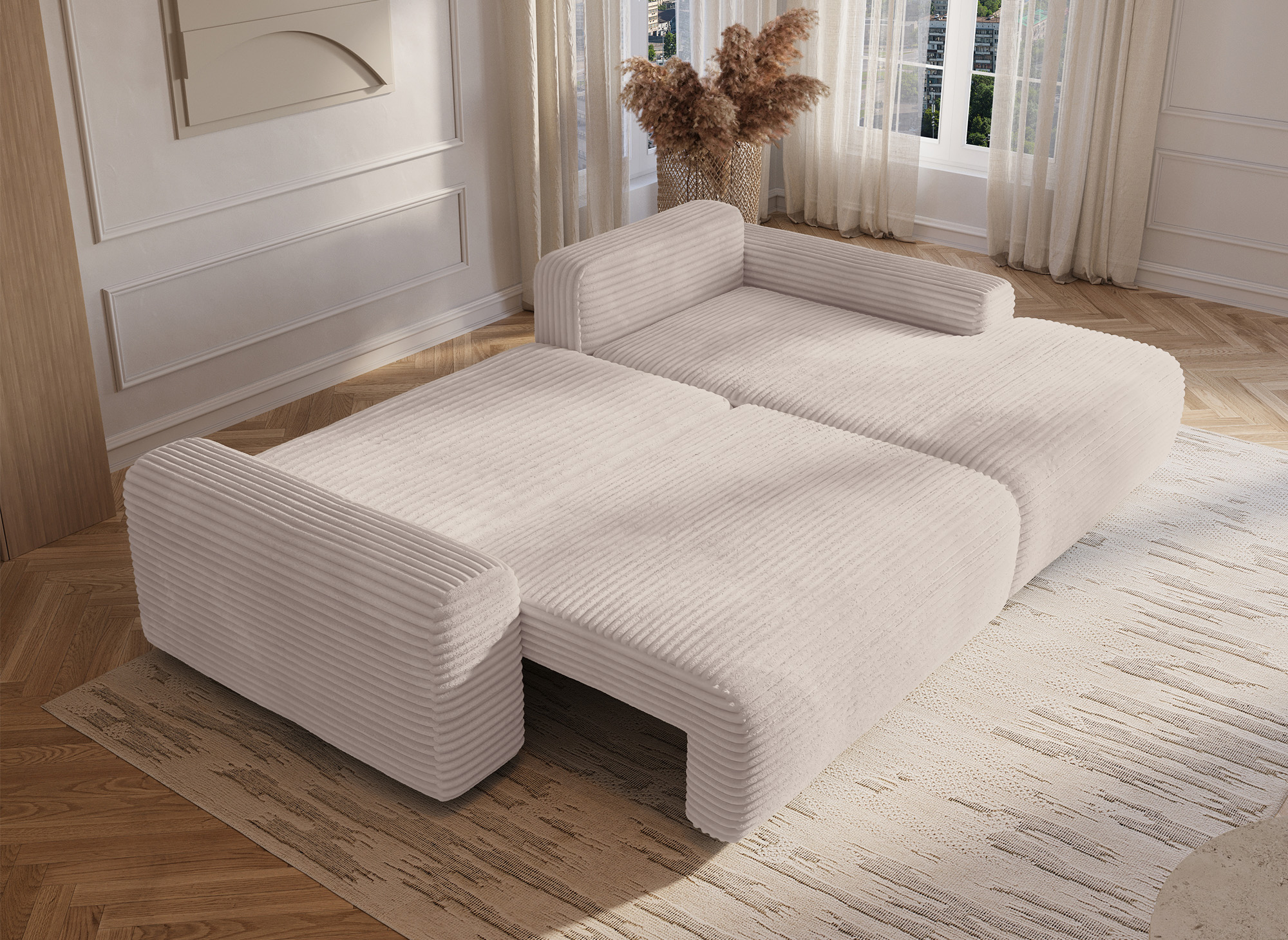 Canapé d'angle droit convertible avec coffre en velours côtelé épais beige BALI - Angle droit