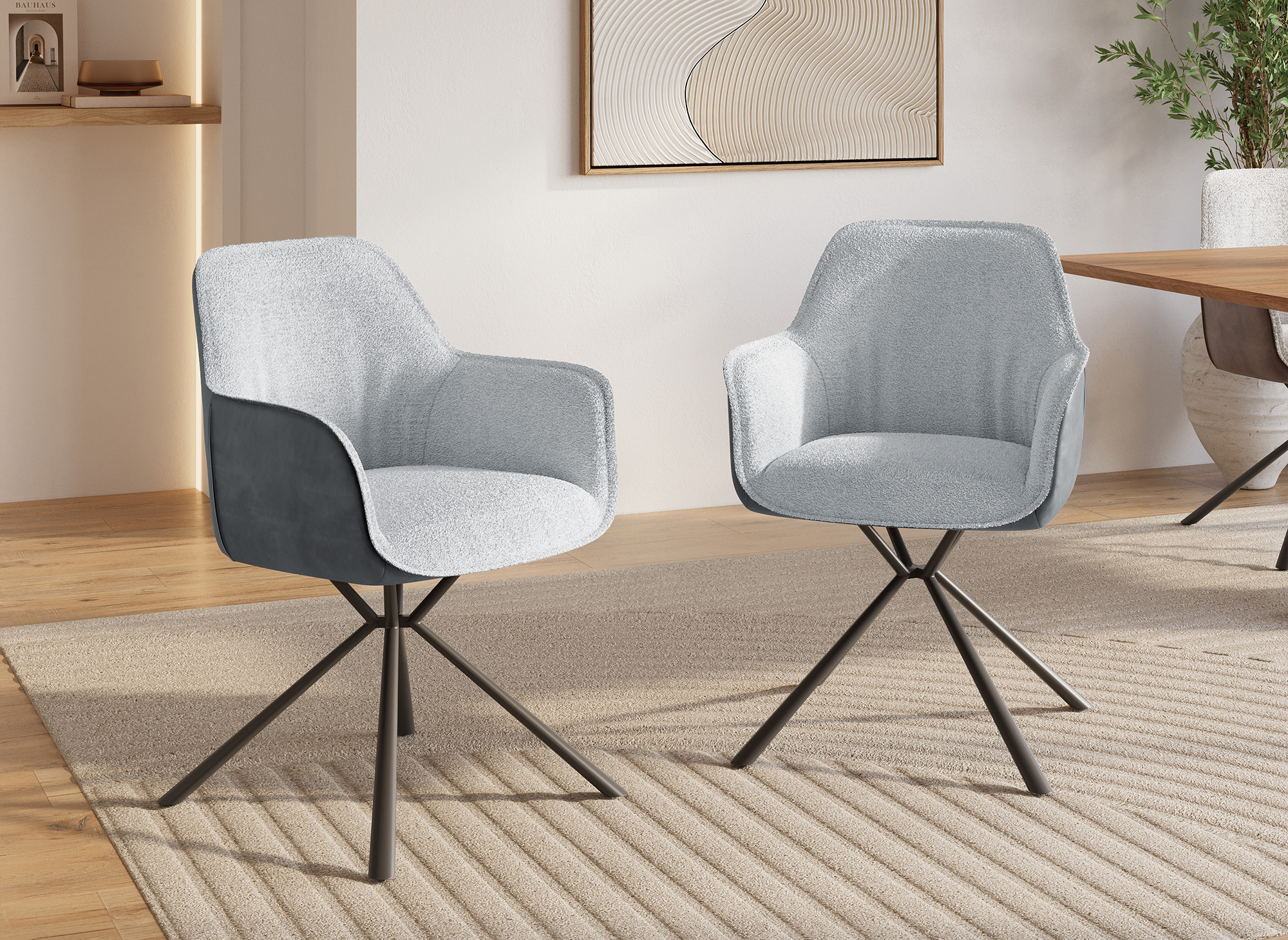 Lot de 2 chaises avec accoudoir tissu bouclette et simili cuir gris PIRO