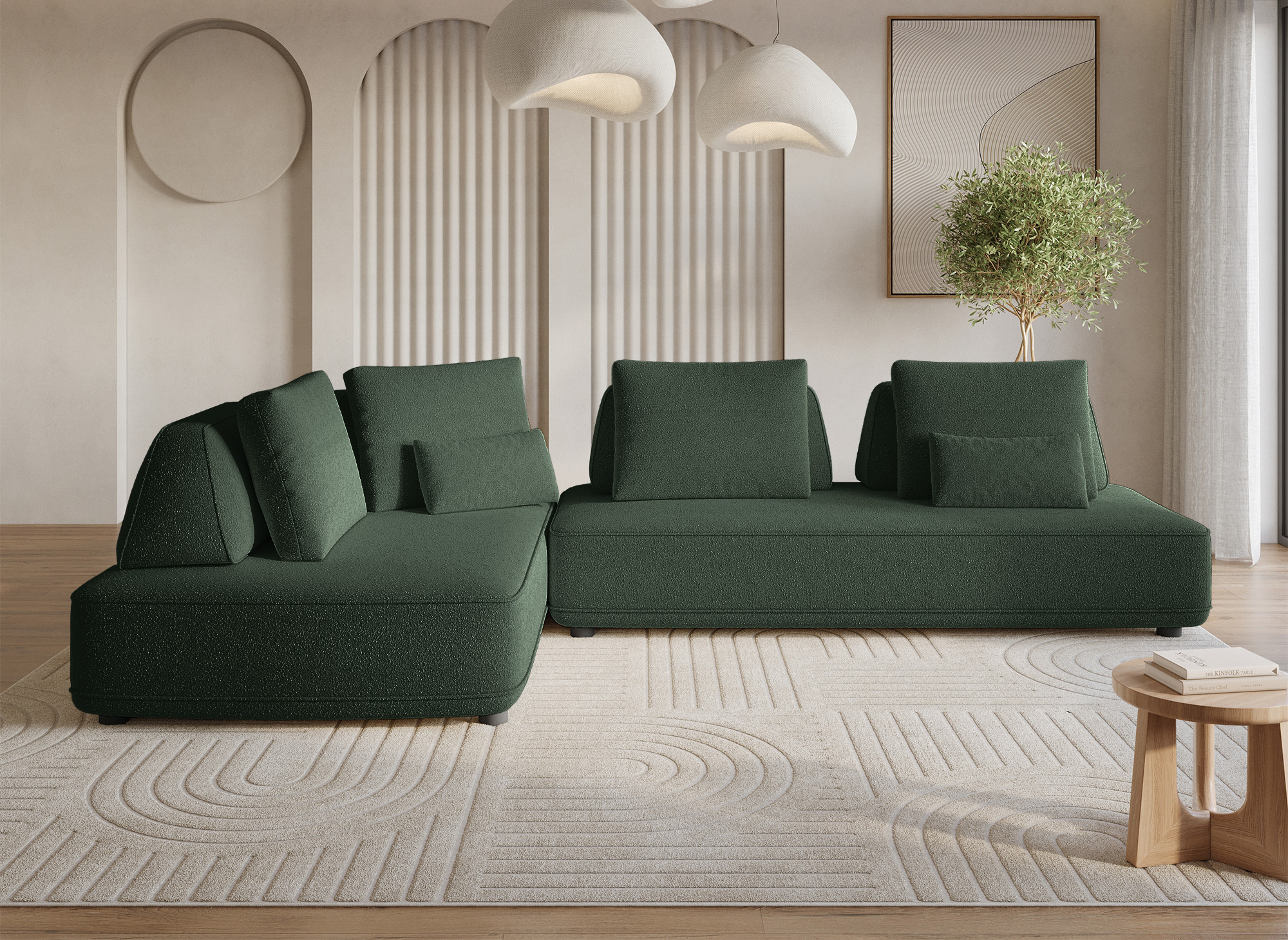 Canapé d'angle réversible en velours chiné vert kaki ISAORA