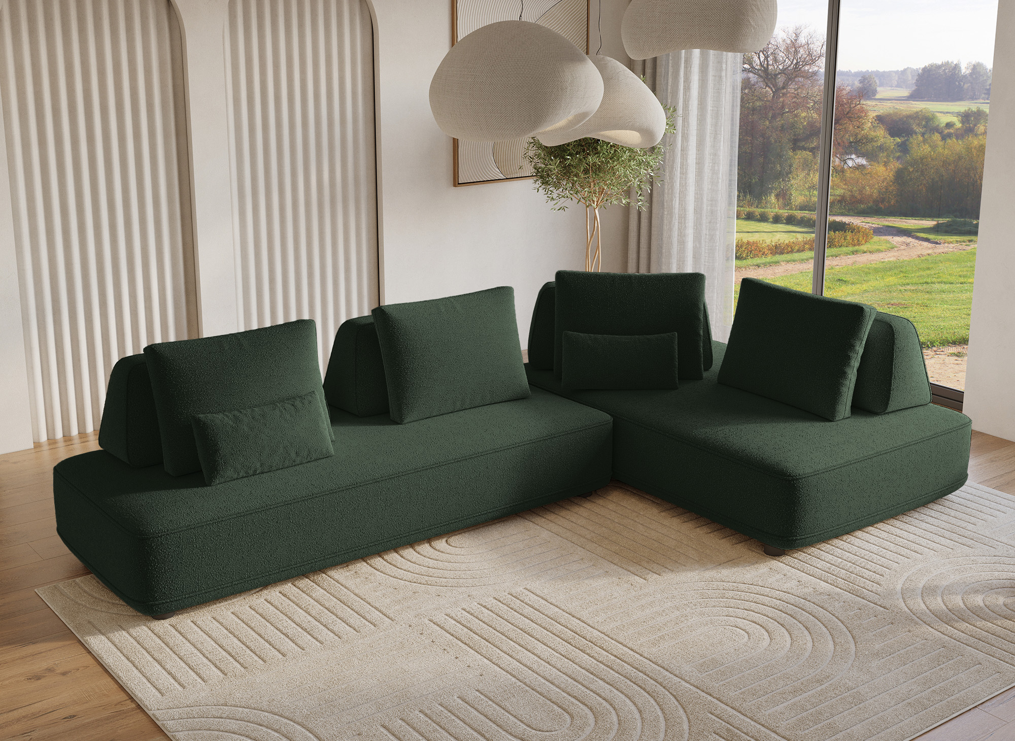 Canapé d'angle réversible en velours chiné vert kaki ISAORA