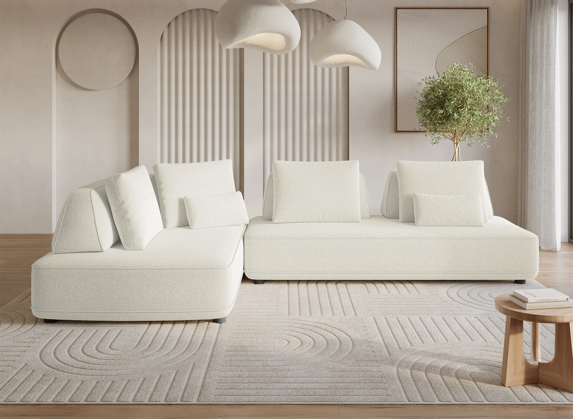 Canapé d'angle réversible en velours chiné beige ISAORA