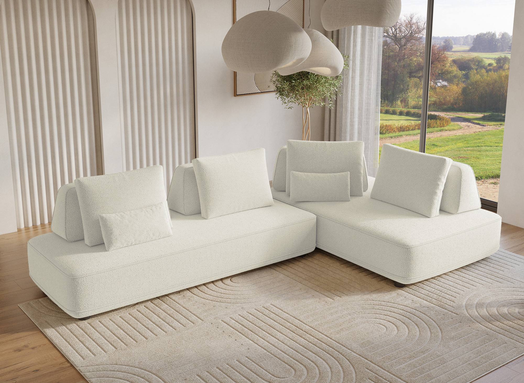 Canapé d'angle réversible en velours chiné beige ISAORA