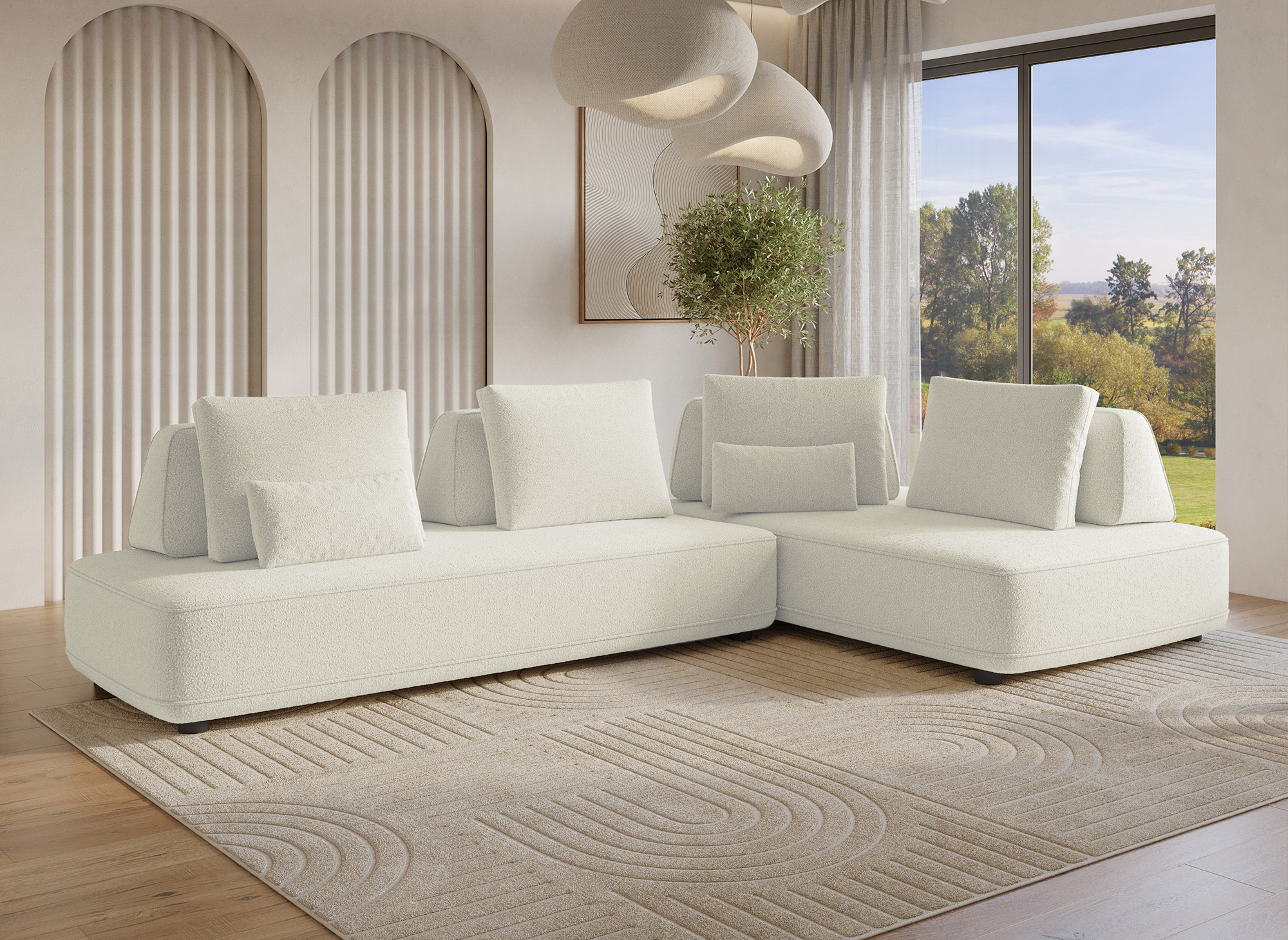 Canapé d'angle réversible en velours chiné beige ISAORA