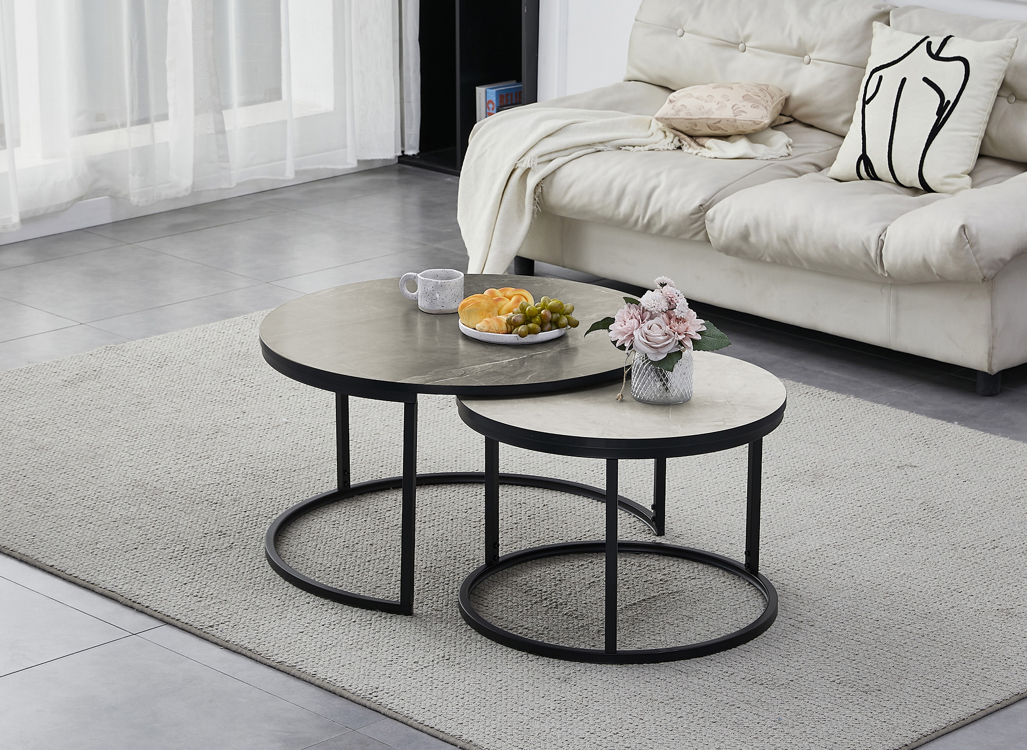 Lot de 2 tables basses rondes gigognes effet marbre DORINE