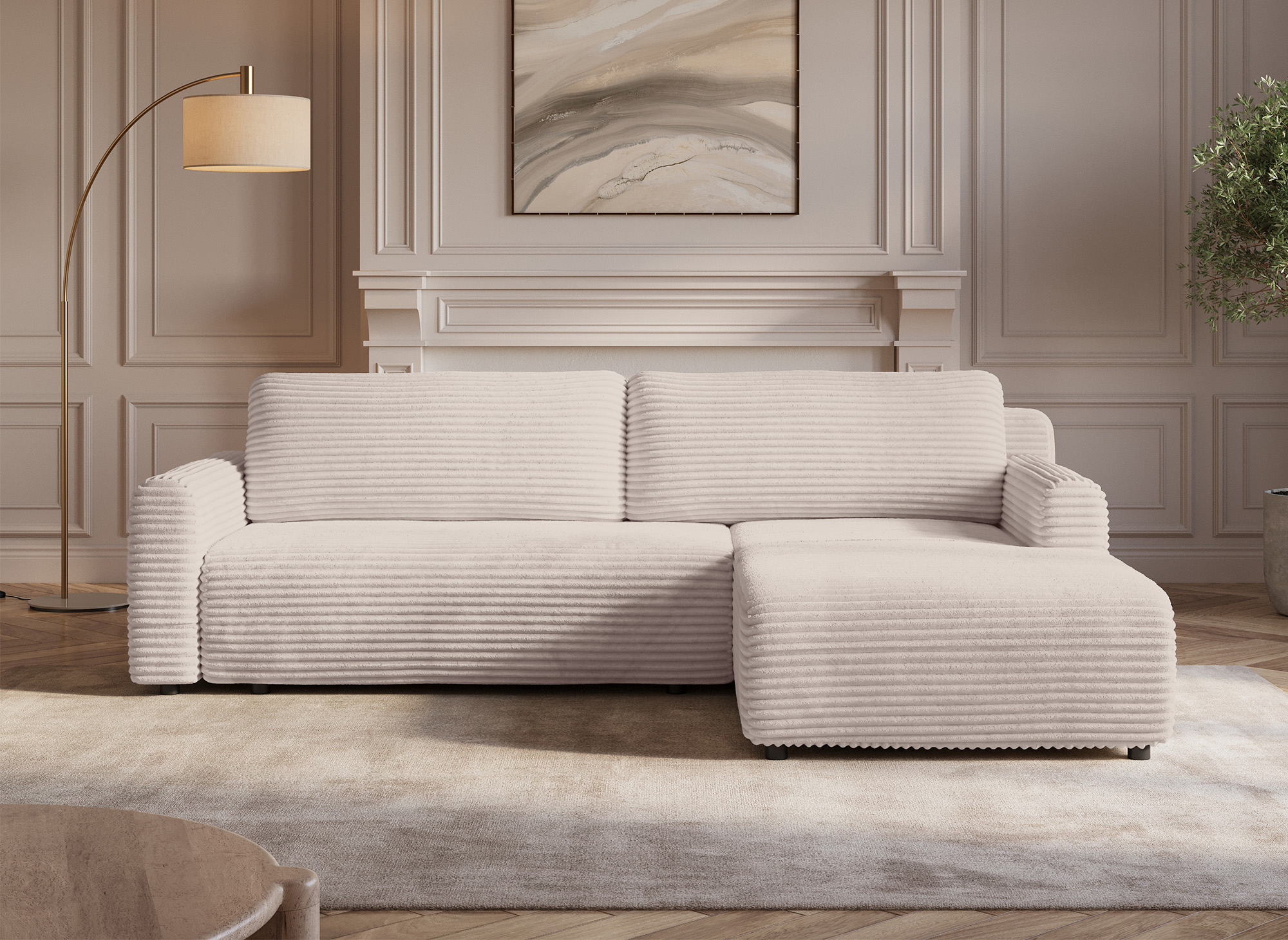 Canapé d'angle réversible et convertible avec coffre en velours côtelé épais beige KATIA