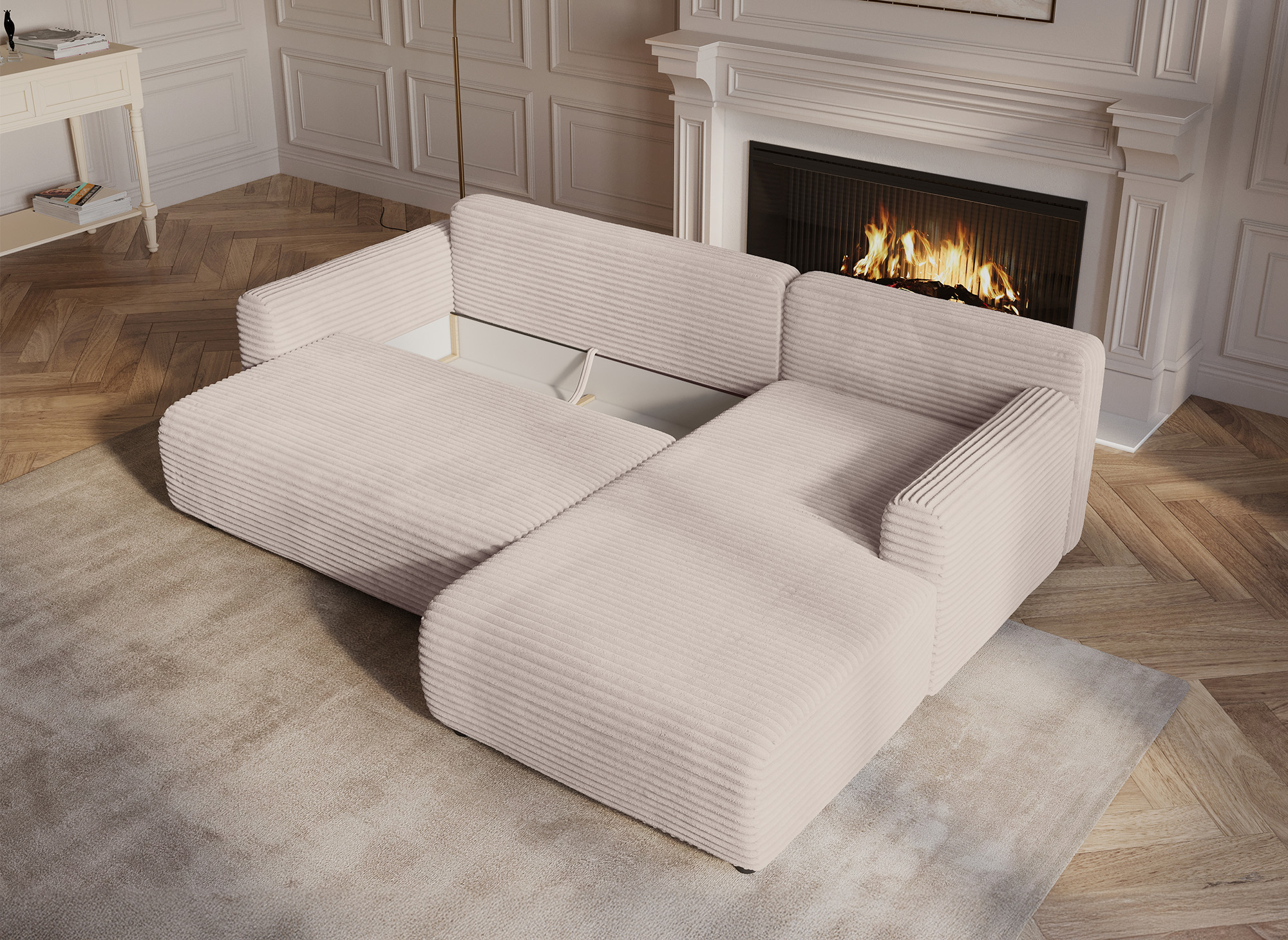 Canapé d'angle réversible et convertible avec coffre en velours côtelé épais beige KATIA