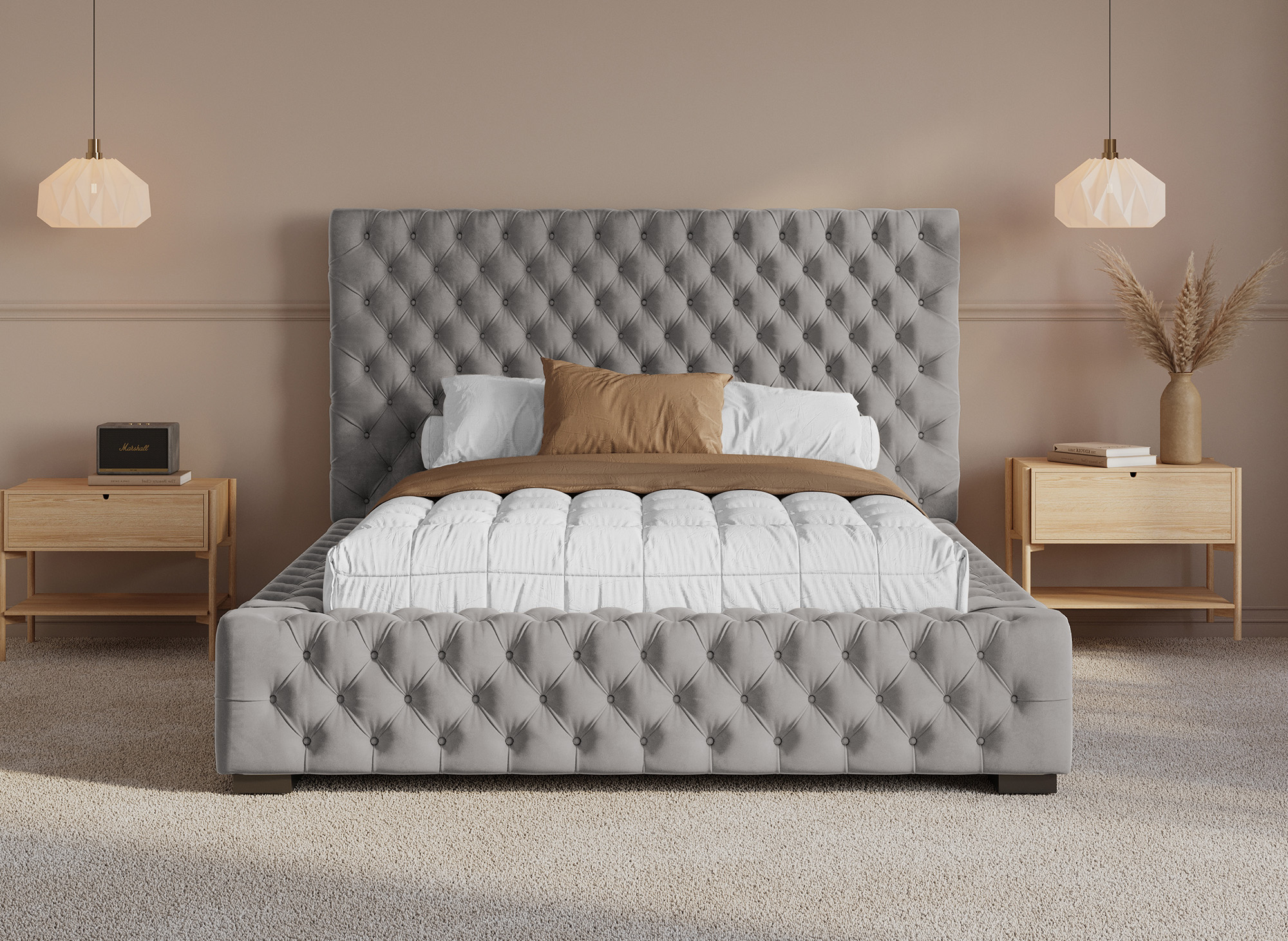 Lit coffre capitonné en velours gris IDALINE 140 x 190 cm