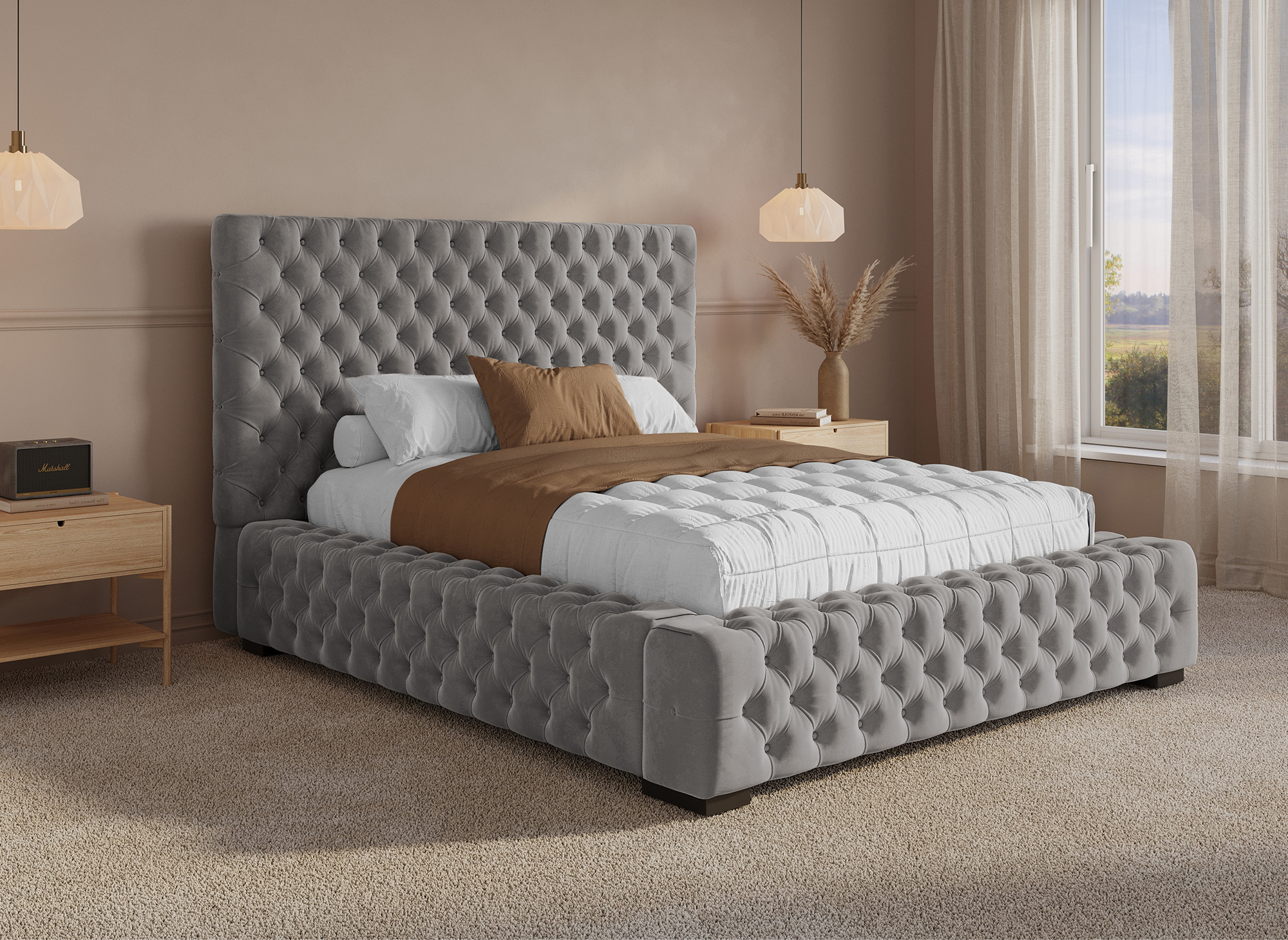 Lit coffre capitonné en velours gris IDALINE 140 x 190 cm
