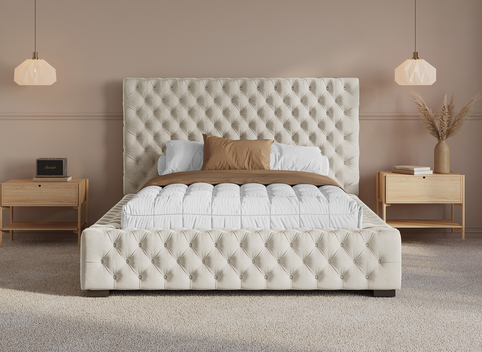 Lit coffre capitonné en velours beige IDALINE 140 x 190 cm