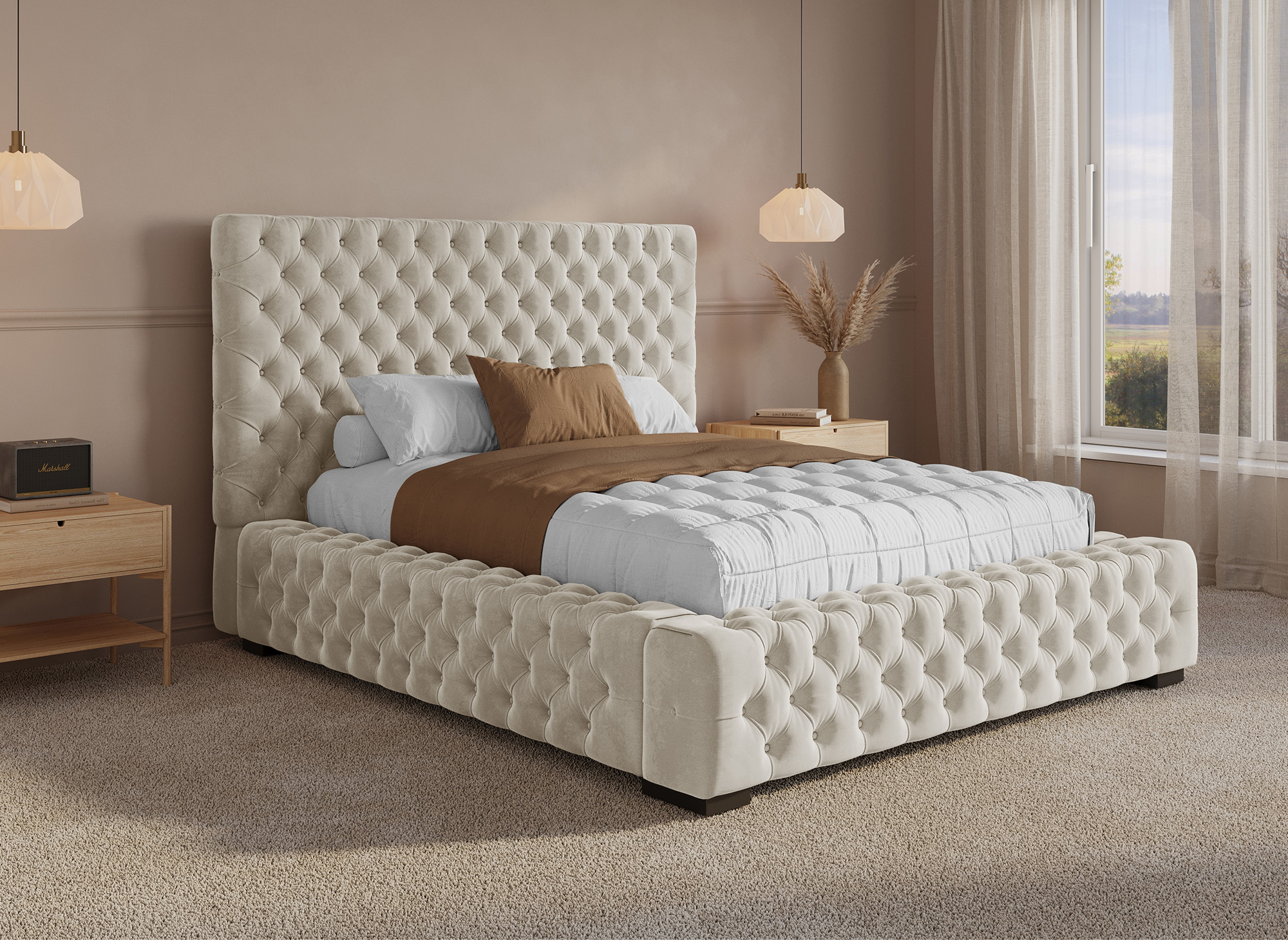 Lit coffre capitonné en velours beige IDALINE 140 x 190 cm