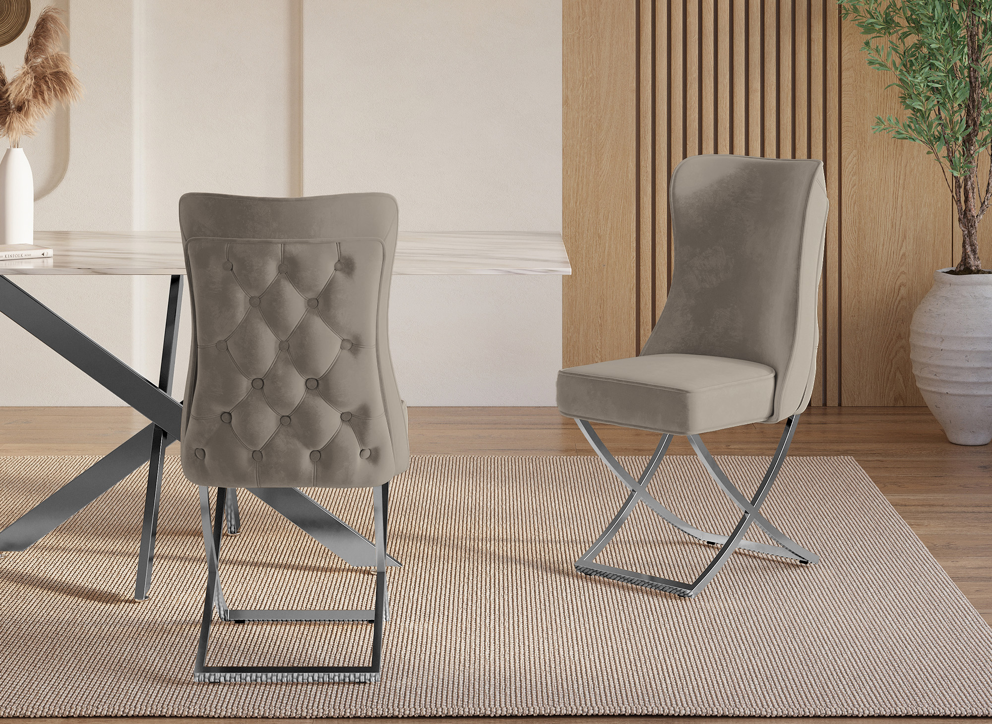 Lot de 2 chaises en velours taupe pieds en métal argenté ETHAN