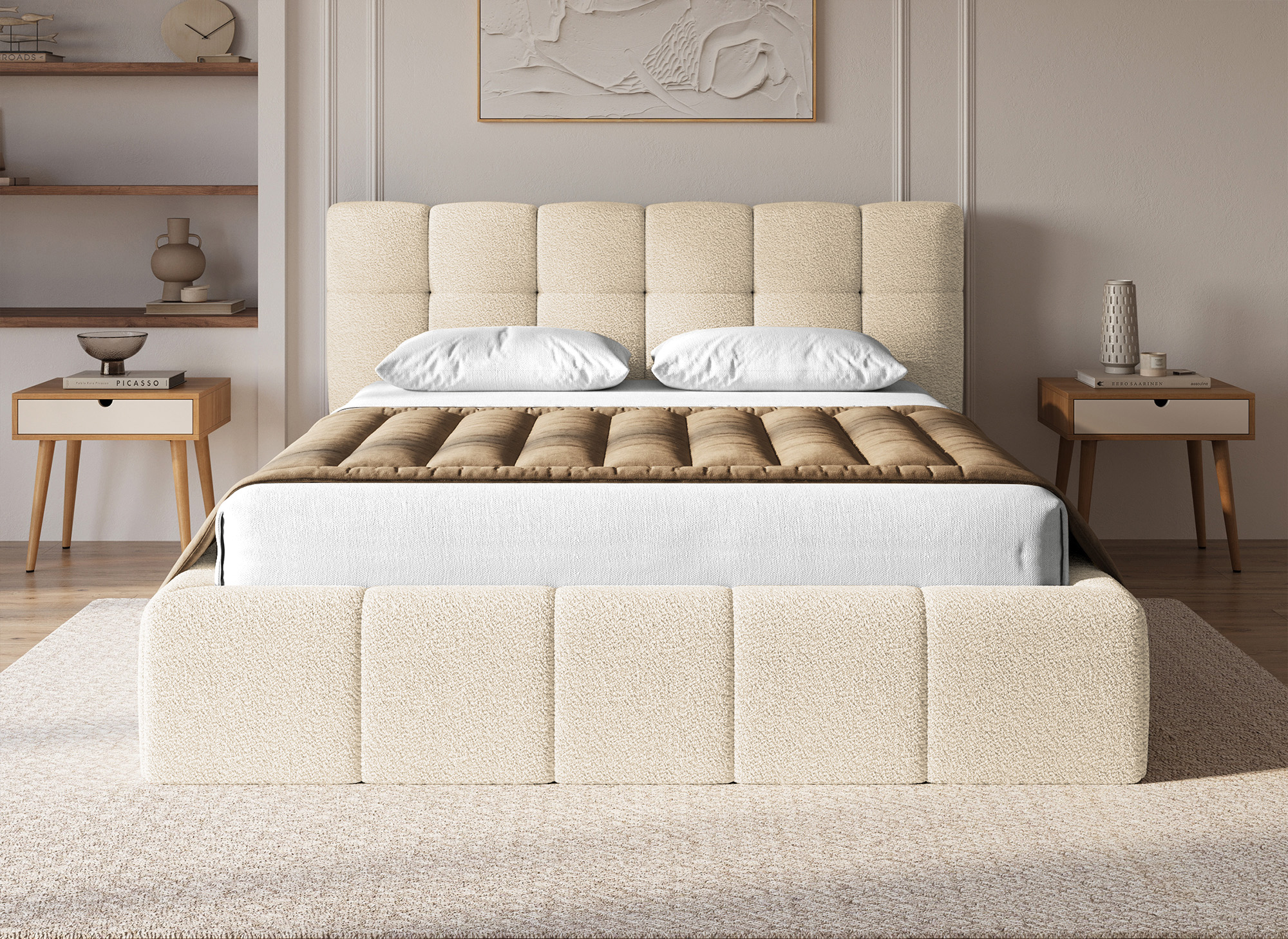 Lit coffre en tissu bouclette beige 180x200 cm MILIE