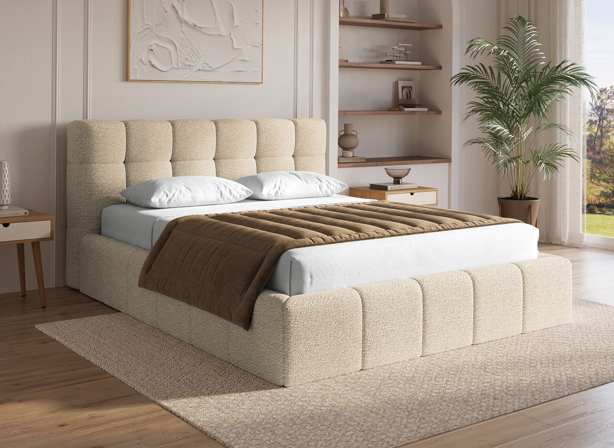 Lit coffre en tissu bouclette beige 180x200 cm MILIE