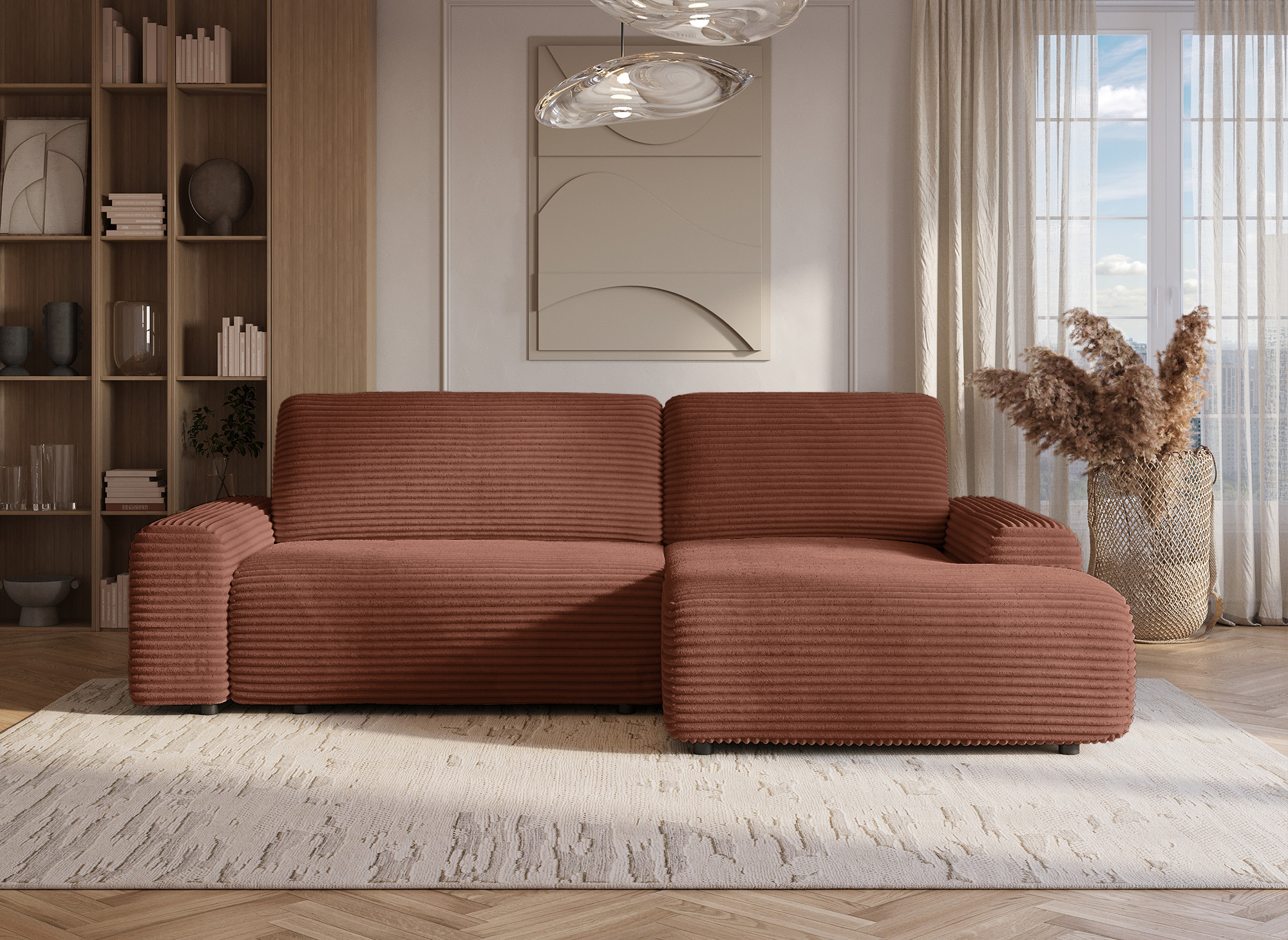 Canapé d'angle convertible avec coffre en velours côtelé épais terracotta BALI - Angle droit