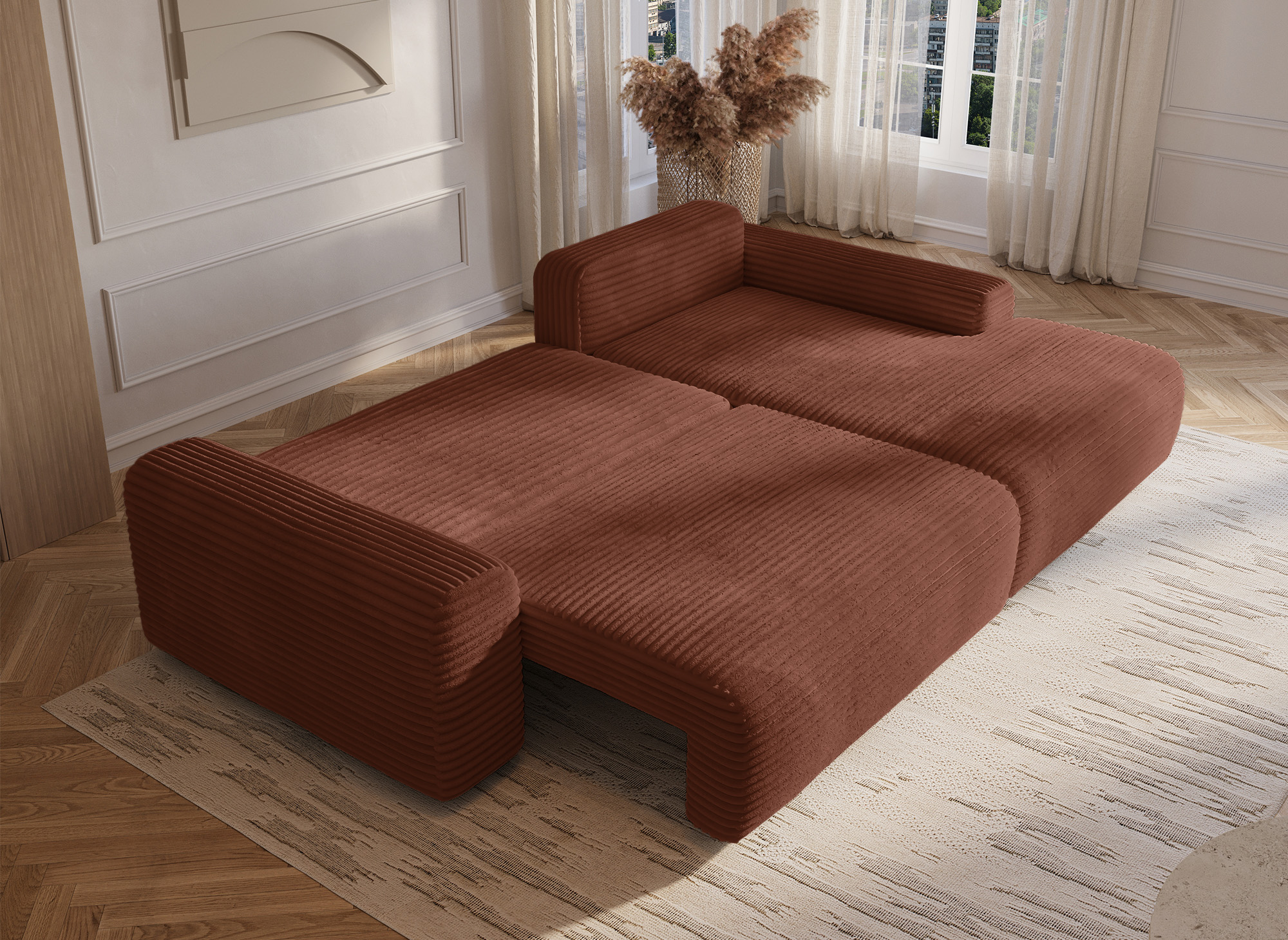 Canapé d'angle convertible avec coffre en velours côtelé épais terracotta BALI - Angle droit