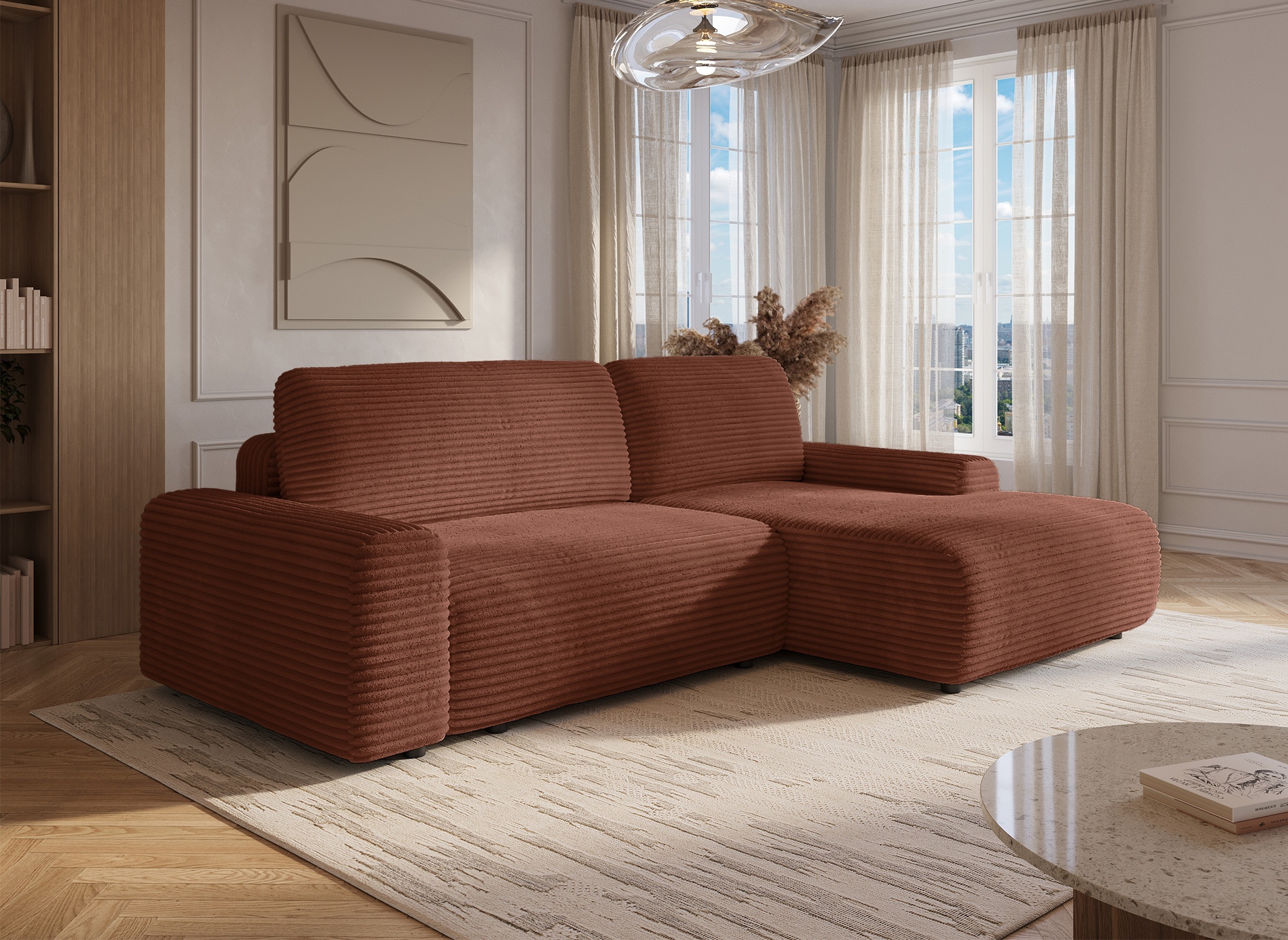 Canapé d'angle convertible avec coffre en velours côtelé épais terracotta BALI - Angle droit